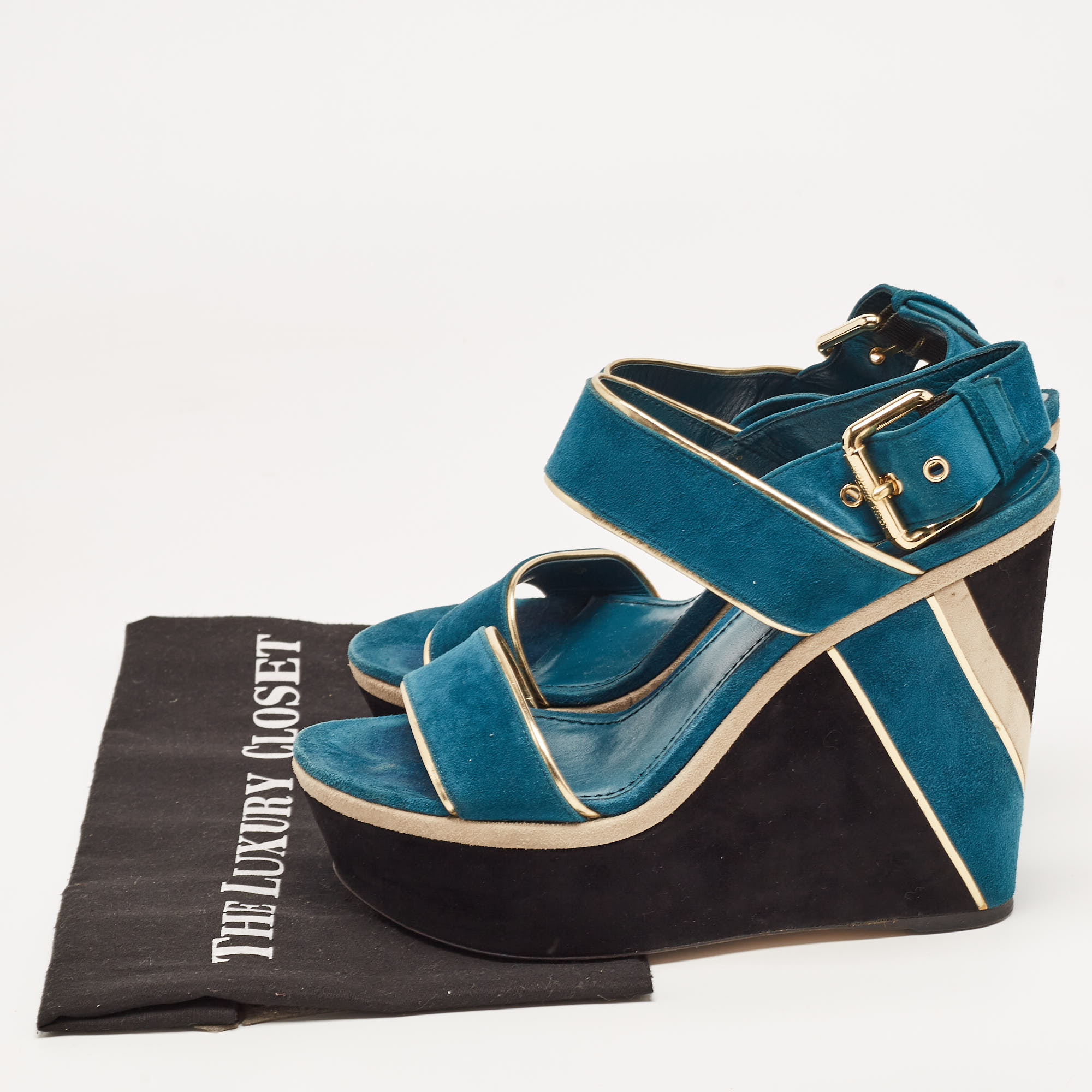 Louis Vuitton Gold/Blue Suede Wedge Platform Slingback Sandals Size 40