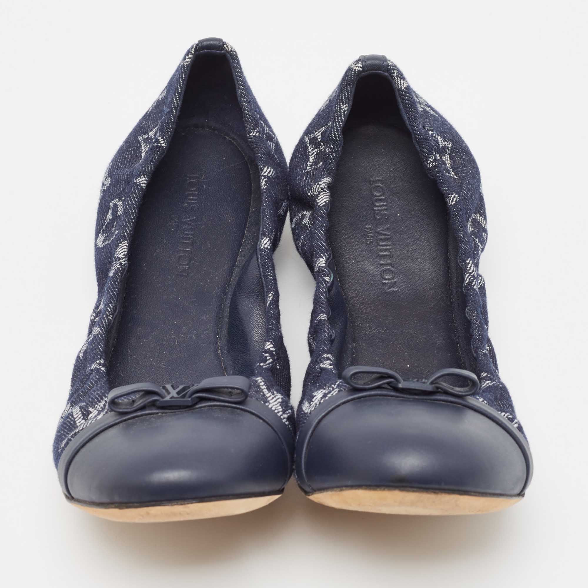 Louis Vuitton Navy Blue Monogram Canvas And Leather Elba Bow Ballet Flats Size 39.5