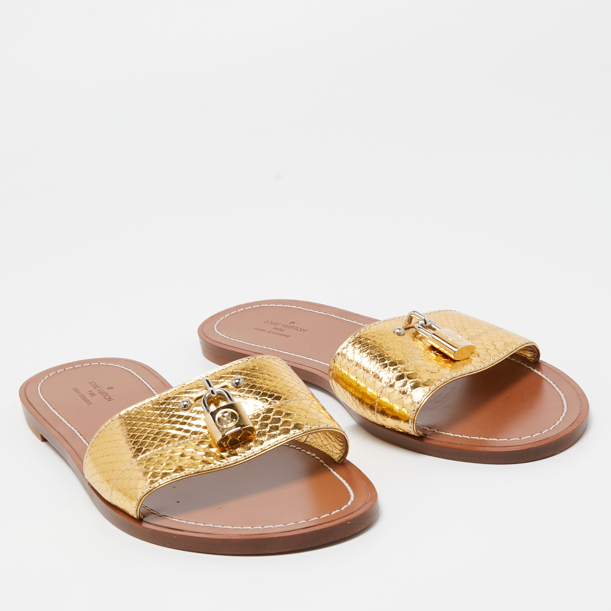 Louis Vuitton Gold Python Embossed Leather Lock It Flat Slides Size 40
