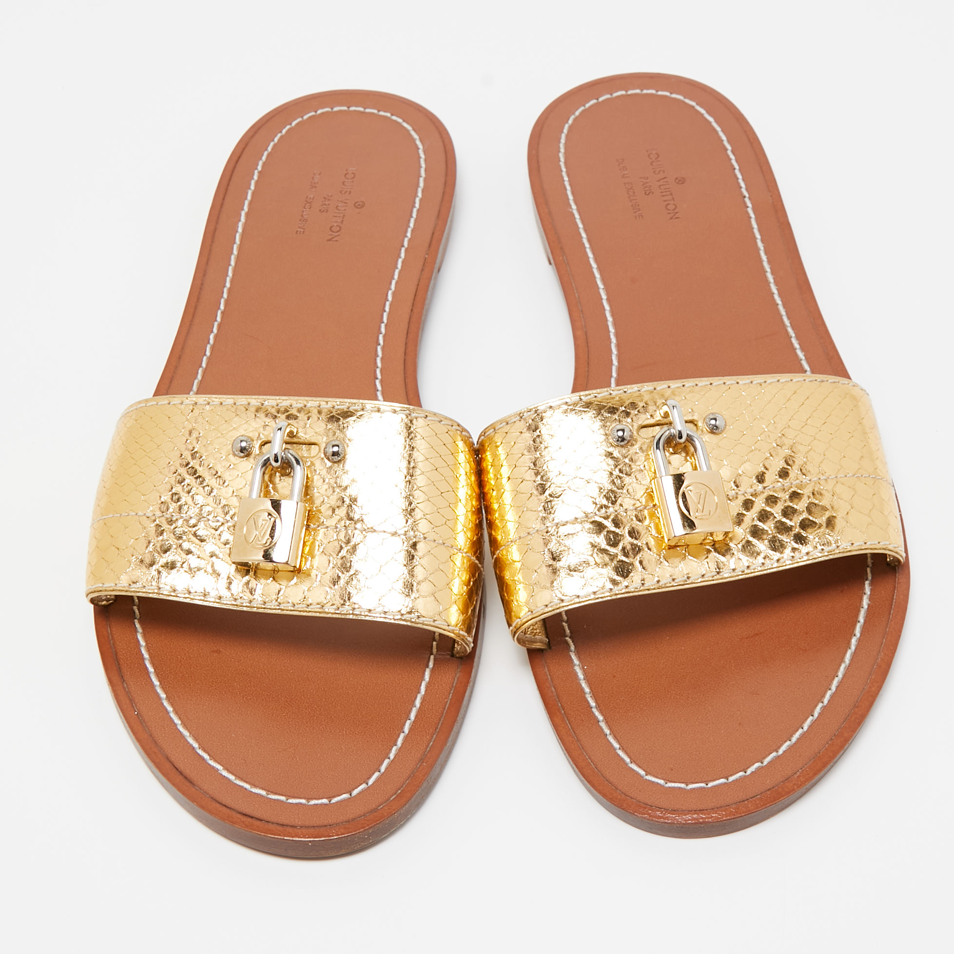 Louis Vuitton Gold Python Embossed Leather Lock It Flat Slides Size 40