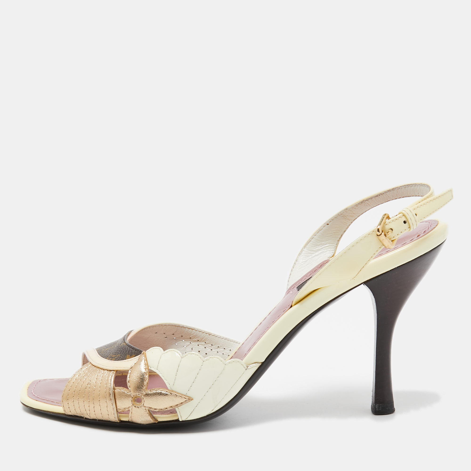 Louis Vuitton Multicolor Patent And Canvas Slingback Sandals Size 37.5
