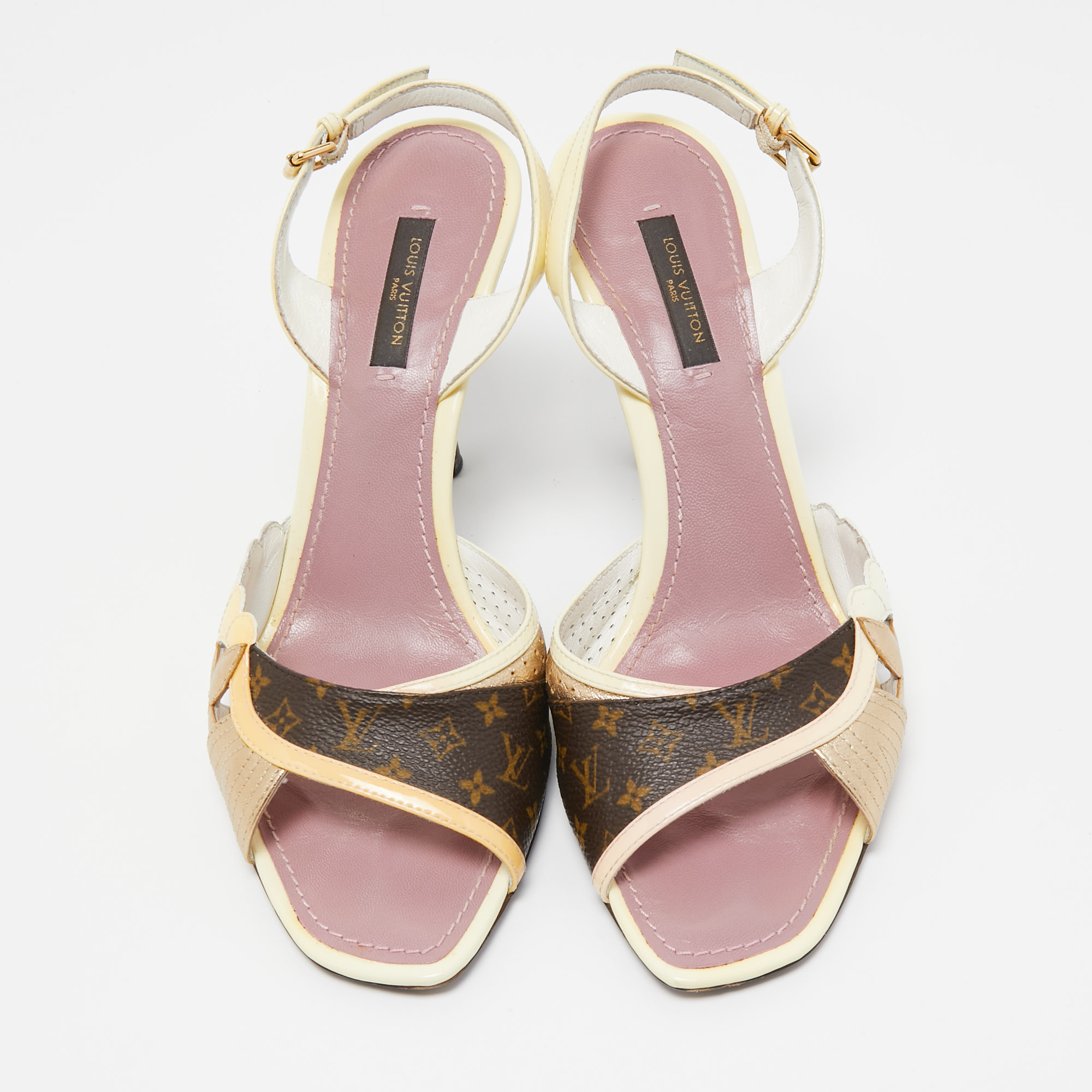 Louis Vuitton Multicolor Patent And Canvas Slingback Sandals Size 37.5