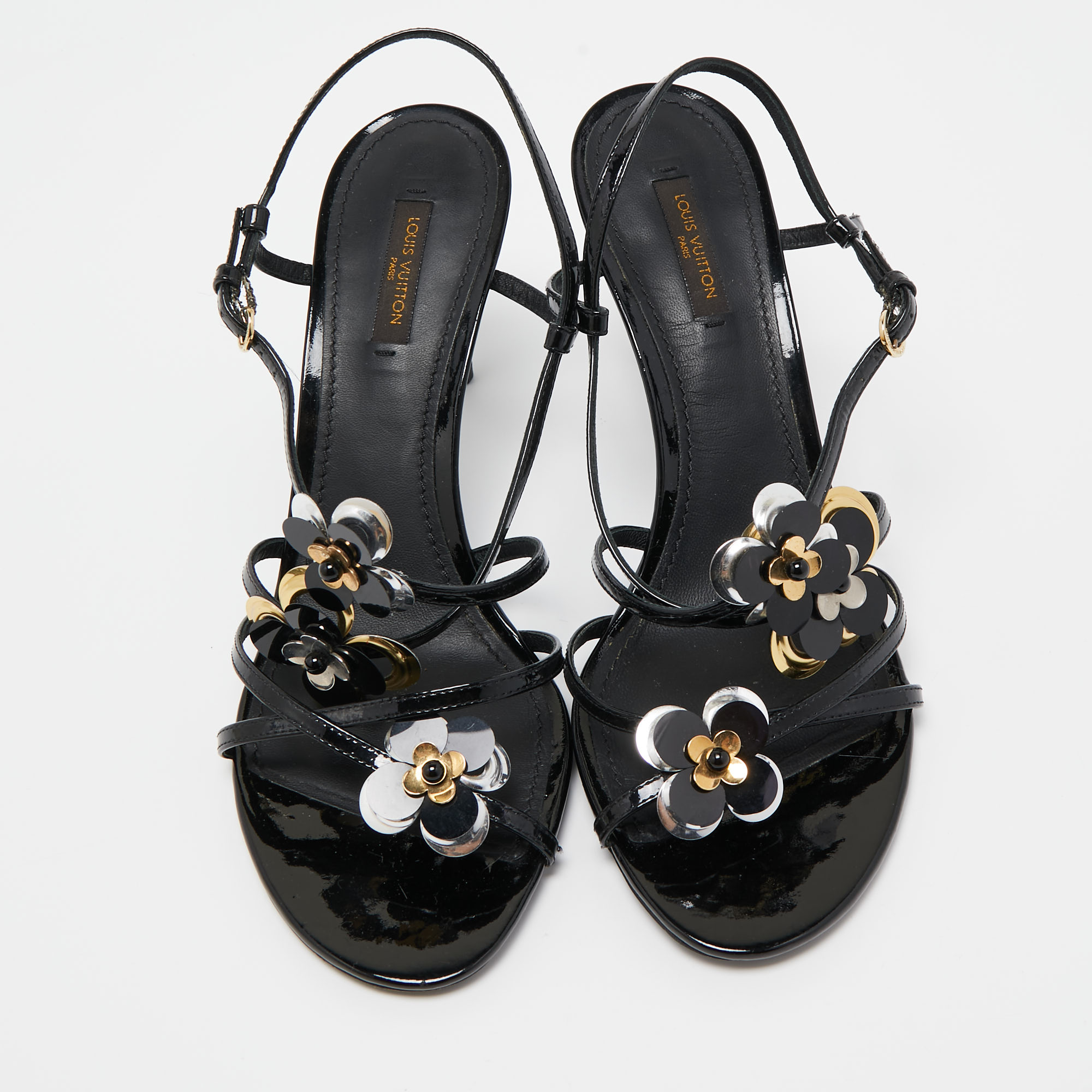 Louis Vuitton Black Patent Leather  Flower Embellished Slingback Sandals Size 40