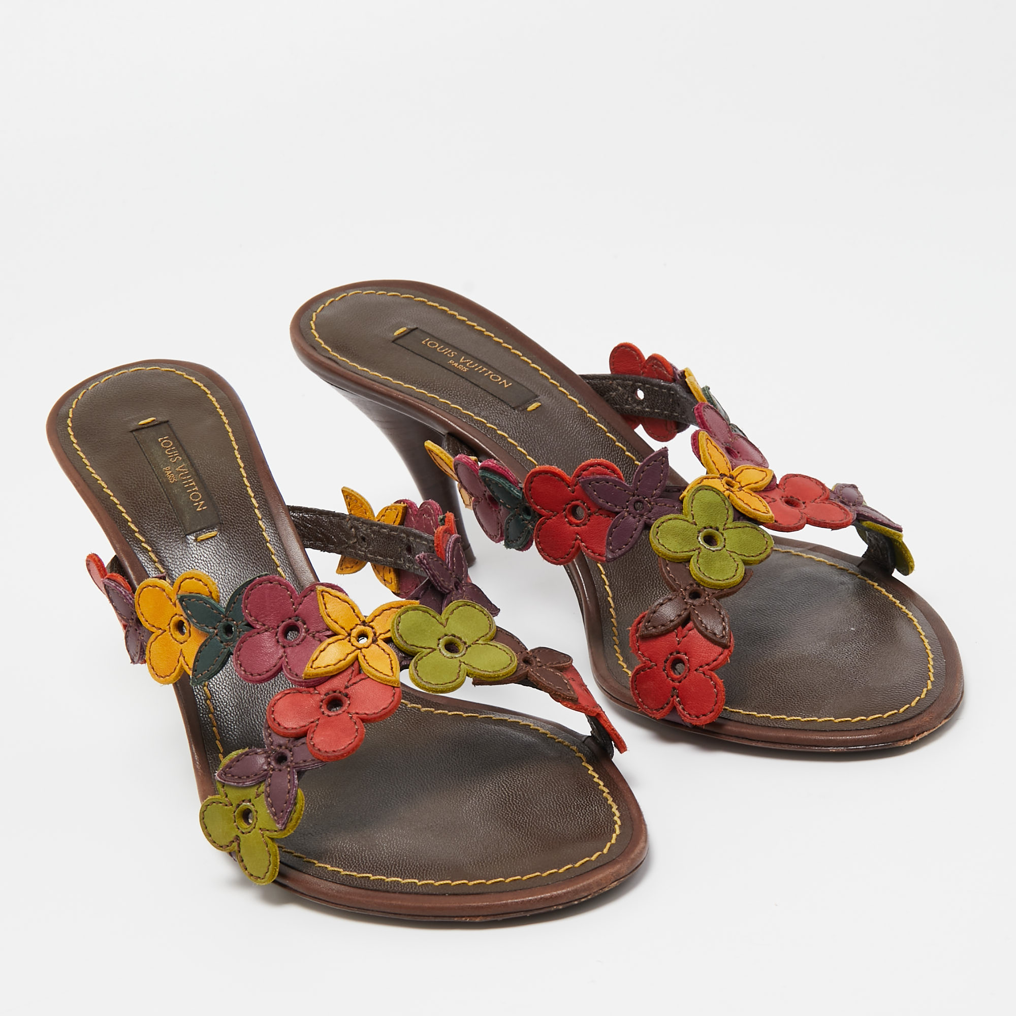Louis Vuitton Multicolor Leather Flower Embellished Slide Sandals Size 37.5