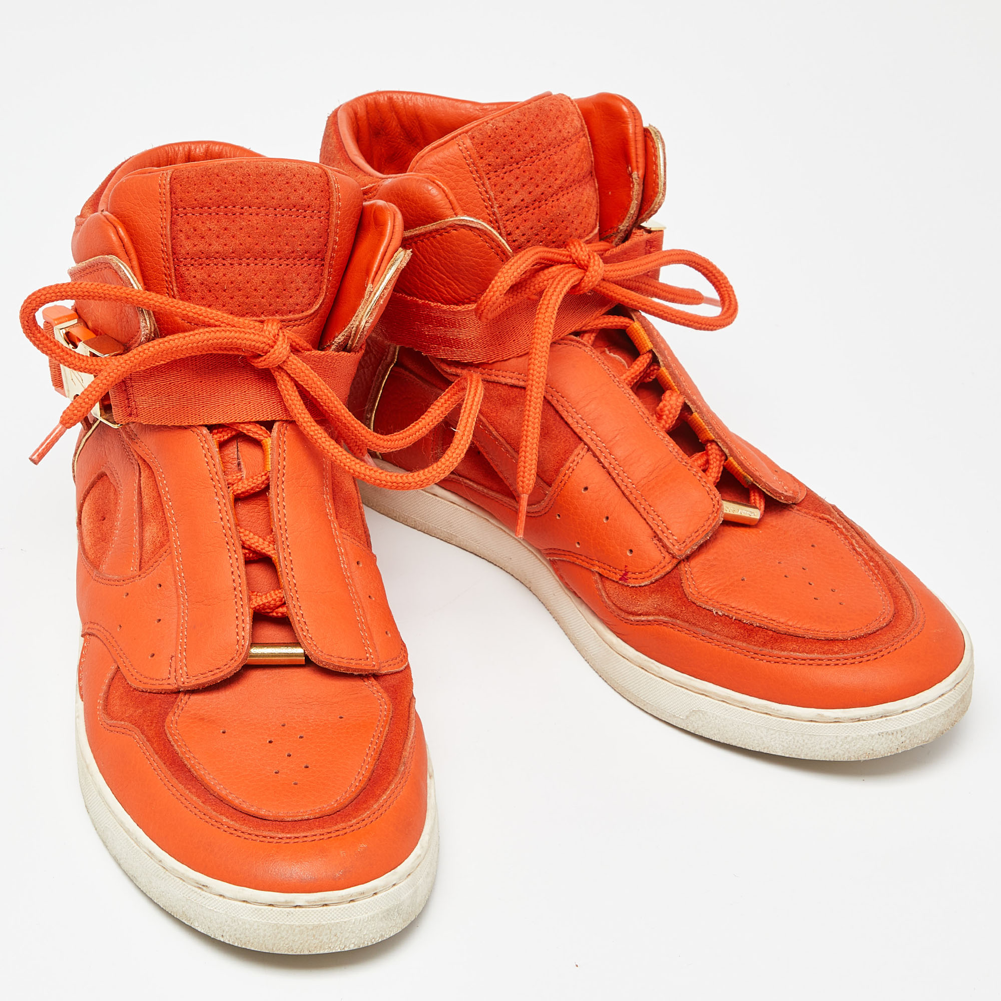 Louis Vuitton Orange Leather And Suede Slipstream High Top Sneakers Size 36