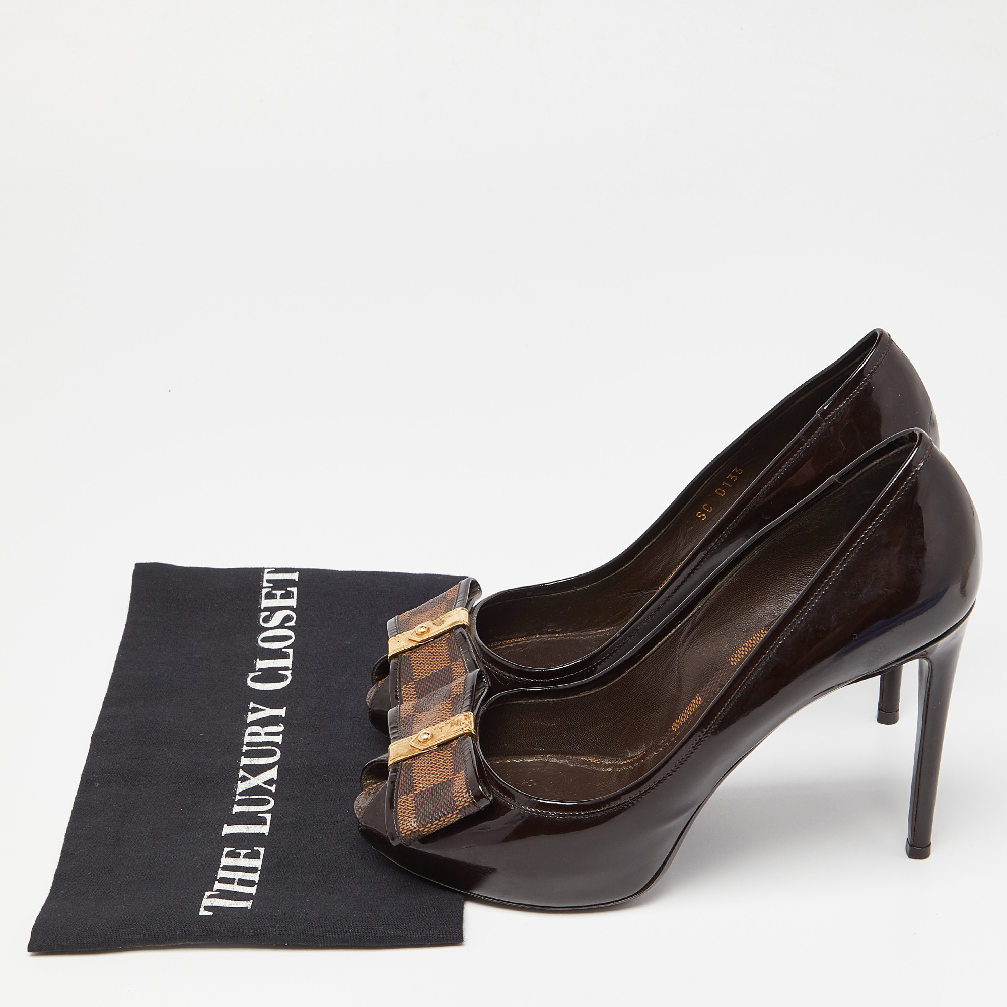 Louis Vuitton Brown Patent Leather Damier Bow Peep Toe Pumps Size 39