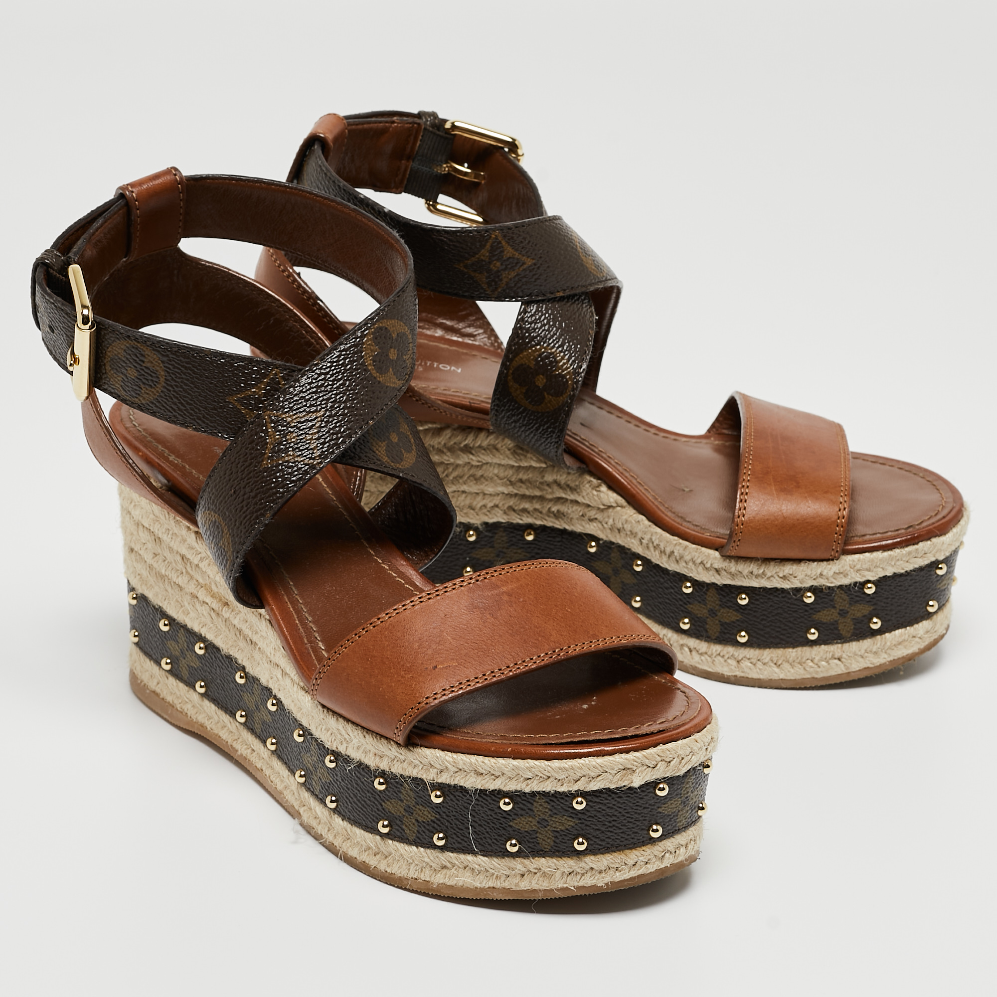 Louis Vuitton Brown Leather And Monogram Canvas Espadrille Ankle Strap Sandals Size 37