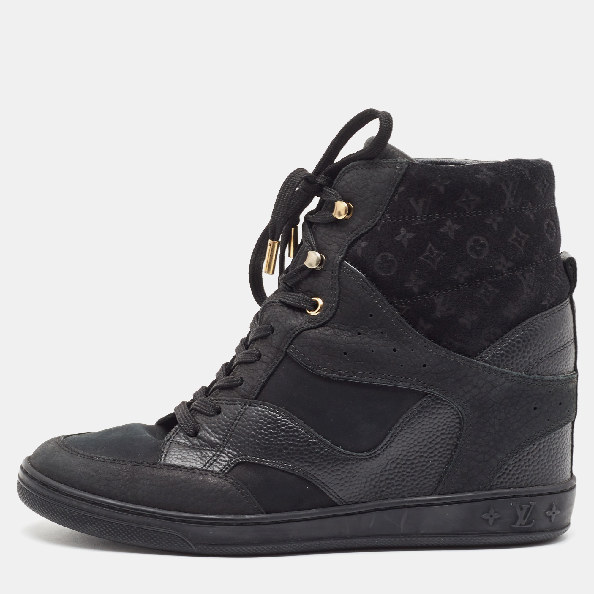 Louis Vuitton Black Nubuck Leather And Monogram Suede Cliff High Top Sneakers Size 38.5