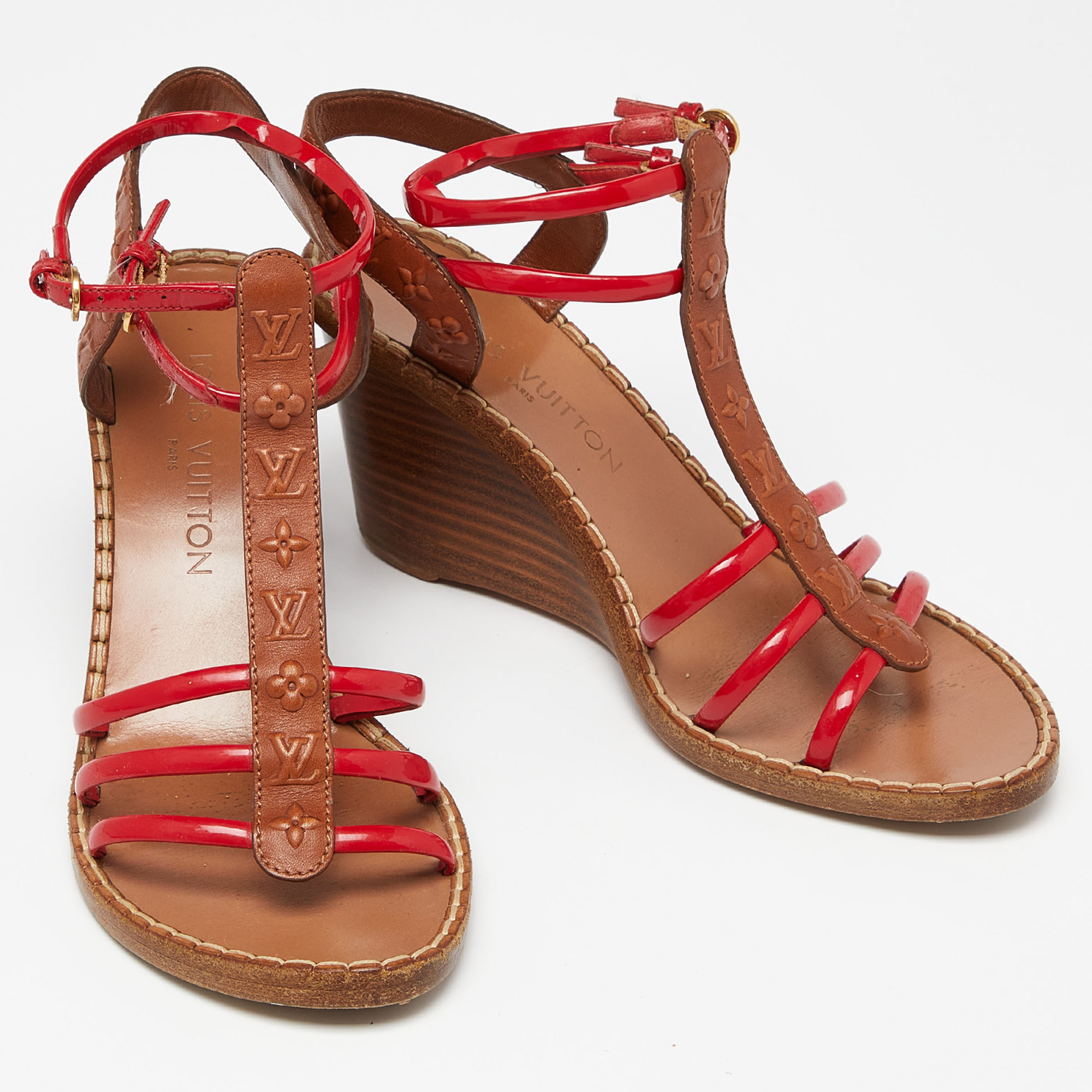 Louis Vuitton Brown/Red Monogram Embossed Leather And Patent T-Strap Wedge Sandals Size 37.5