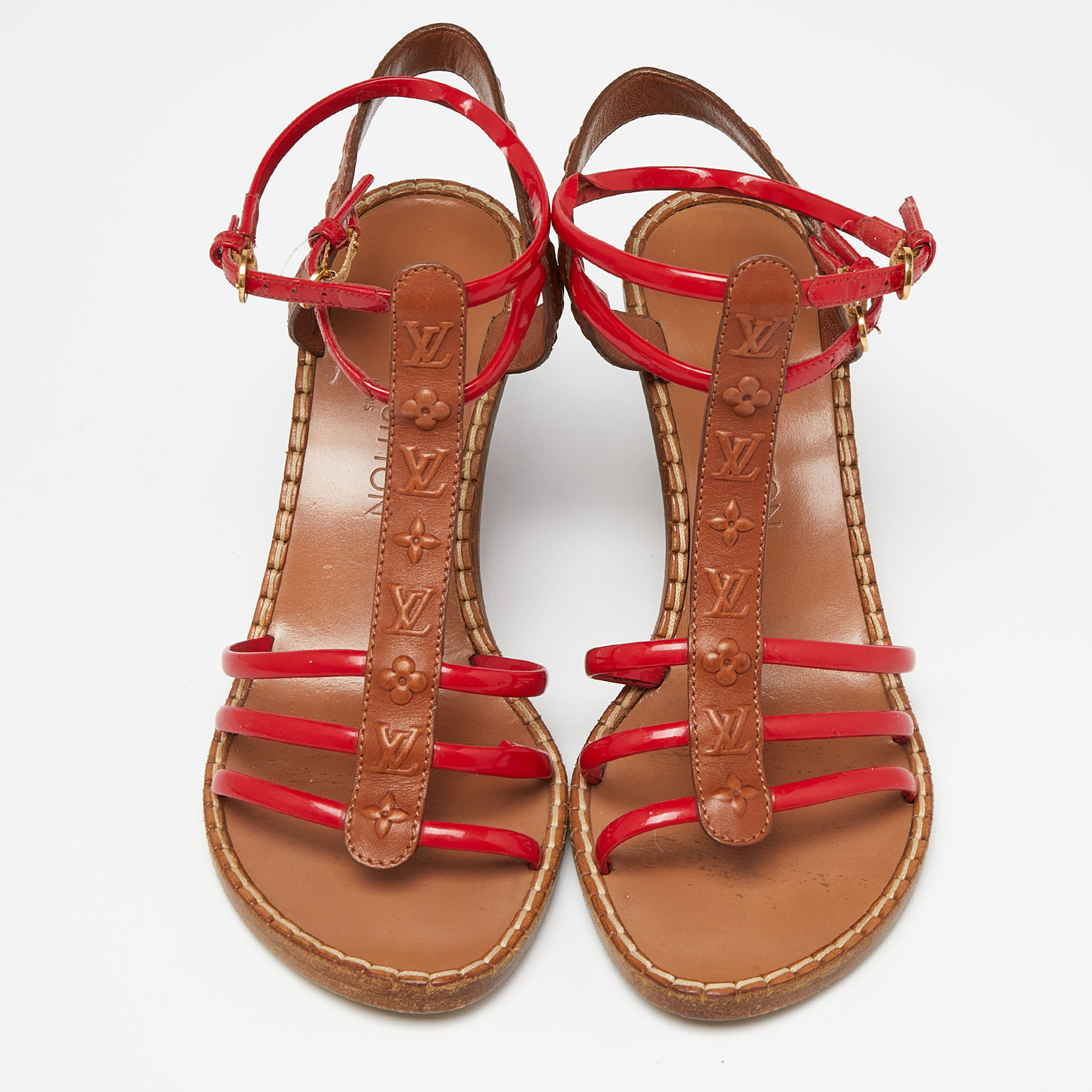 Louis Vuitton Brown/Red Monogram Embossed Leather And Patent T-Strap Wedge Sandals Size 37.5