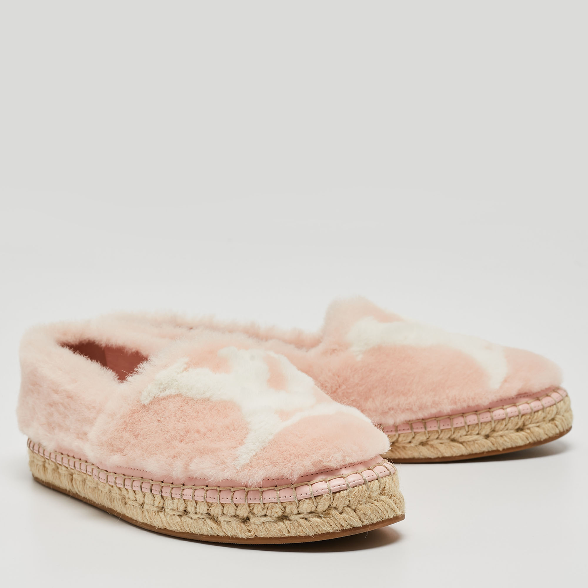Louis Vuitton Pink/White Faux Fur Seashore Espadrille Flats Size 36