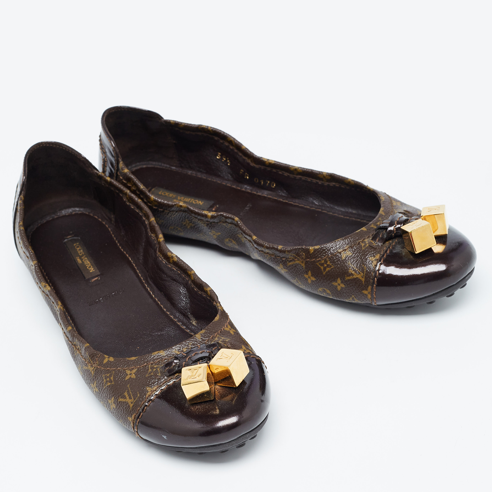 Louis Vuitton Brown Monogram Canvas And Patent Lovely Scrunch Ballet Flats Size 39.5