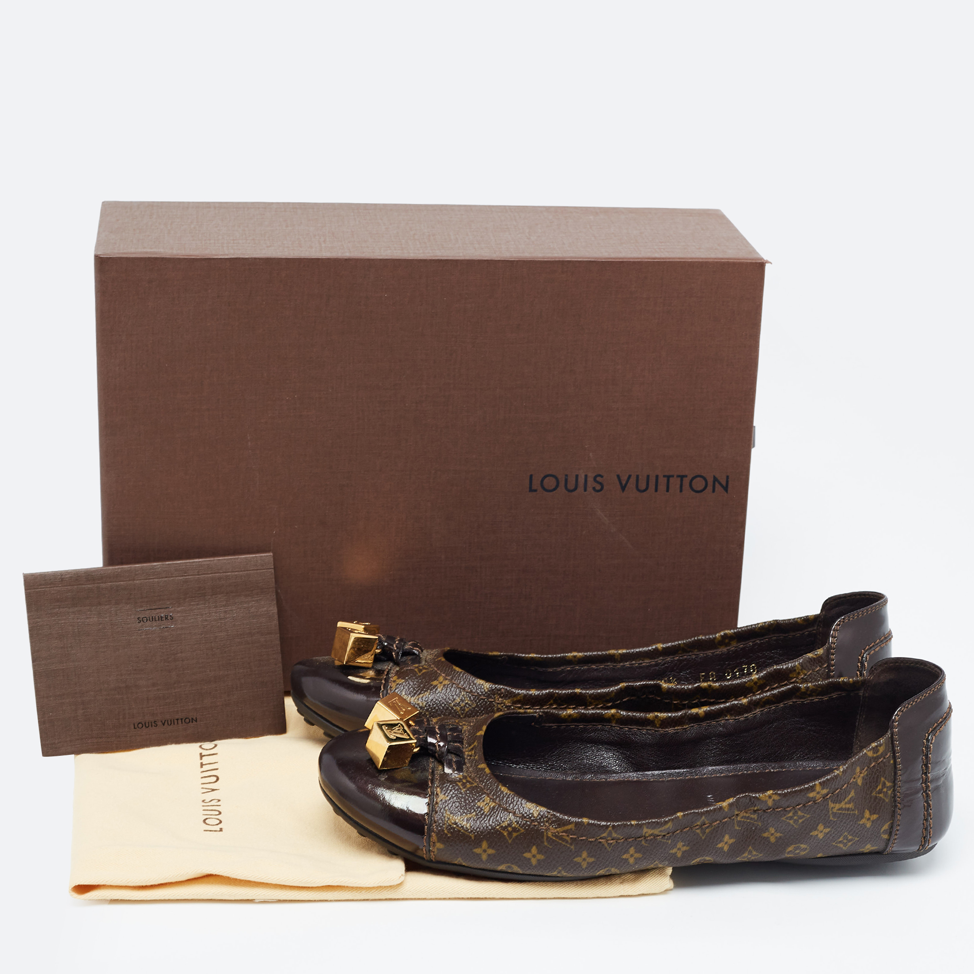 Louis Vuitton Brown Monogram Canvas And Patent Lovely Scrunch Ballet Flats Size 39.5