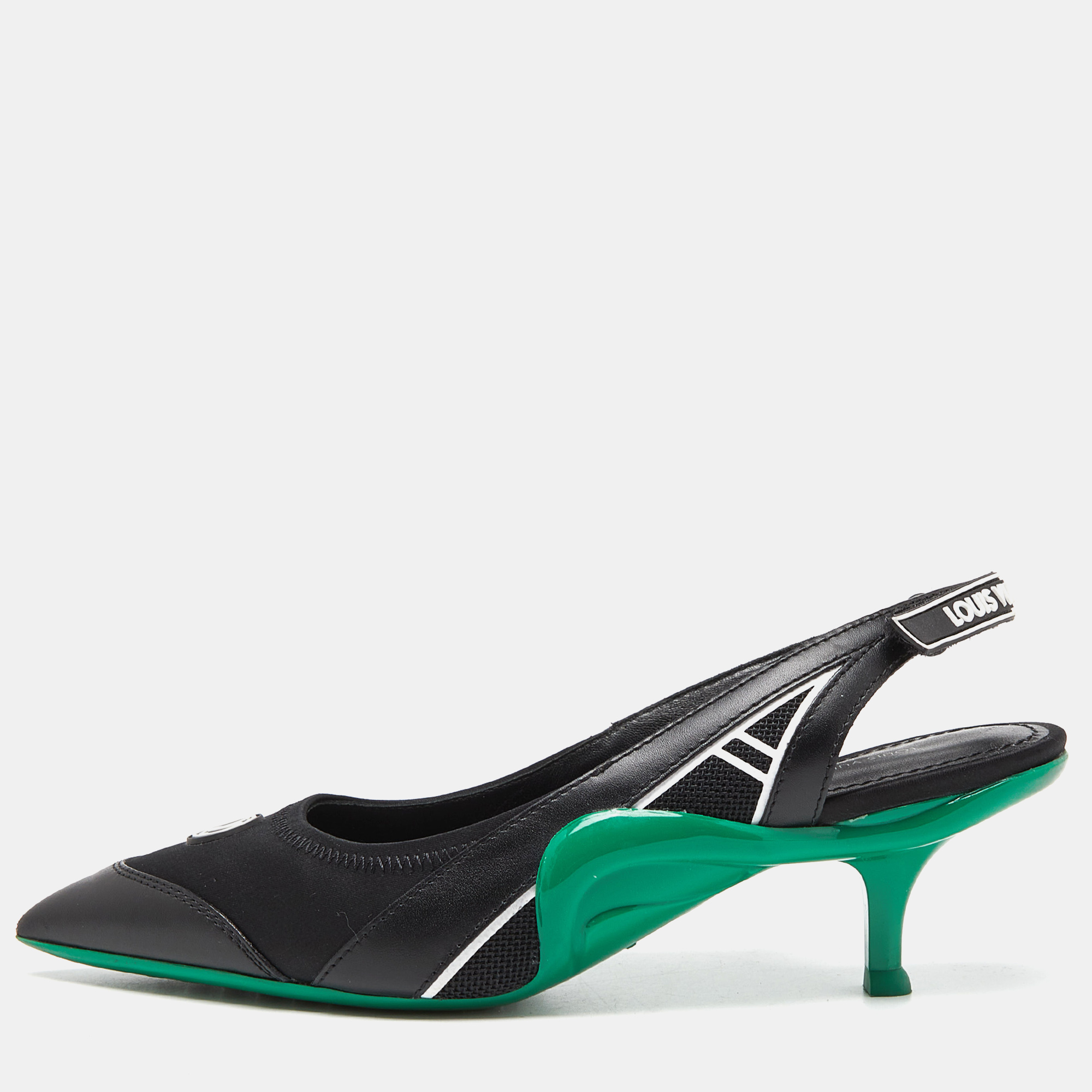 Louis vuitton black/green satin, mesh and leather archlight slingback pumps size 38