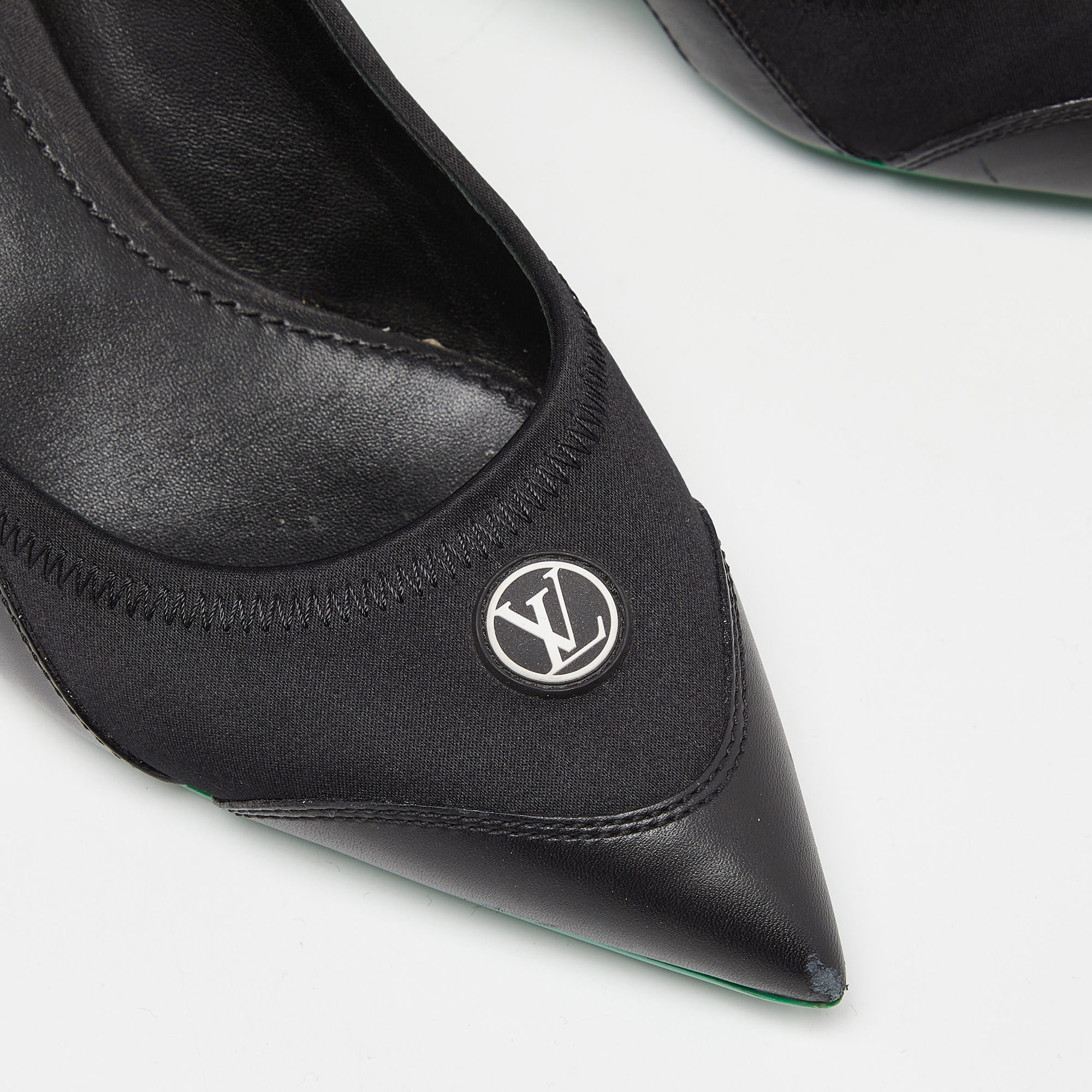 Louis Vuitton Black/Green Satin, Mesh And Leather Archlight Slingback Pumps Size 38