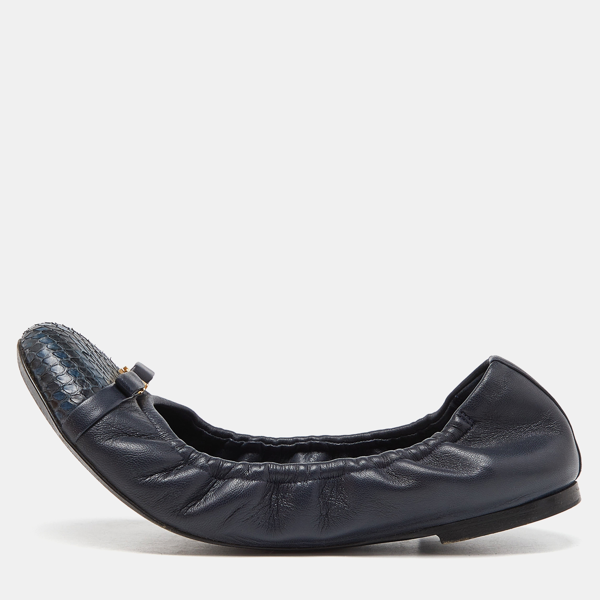 Louis Vuitton Blue Leather And Python Elba Scrunch Ballet Flats Size 39