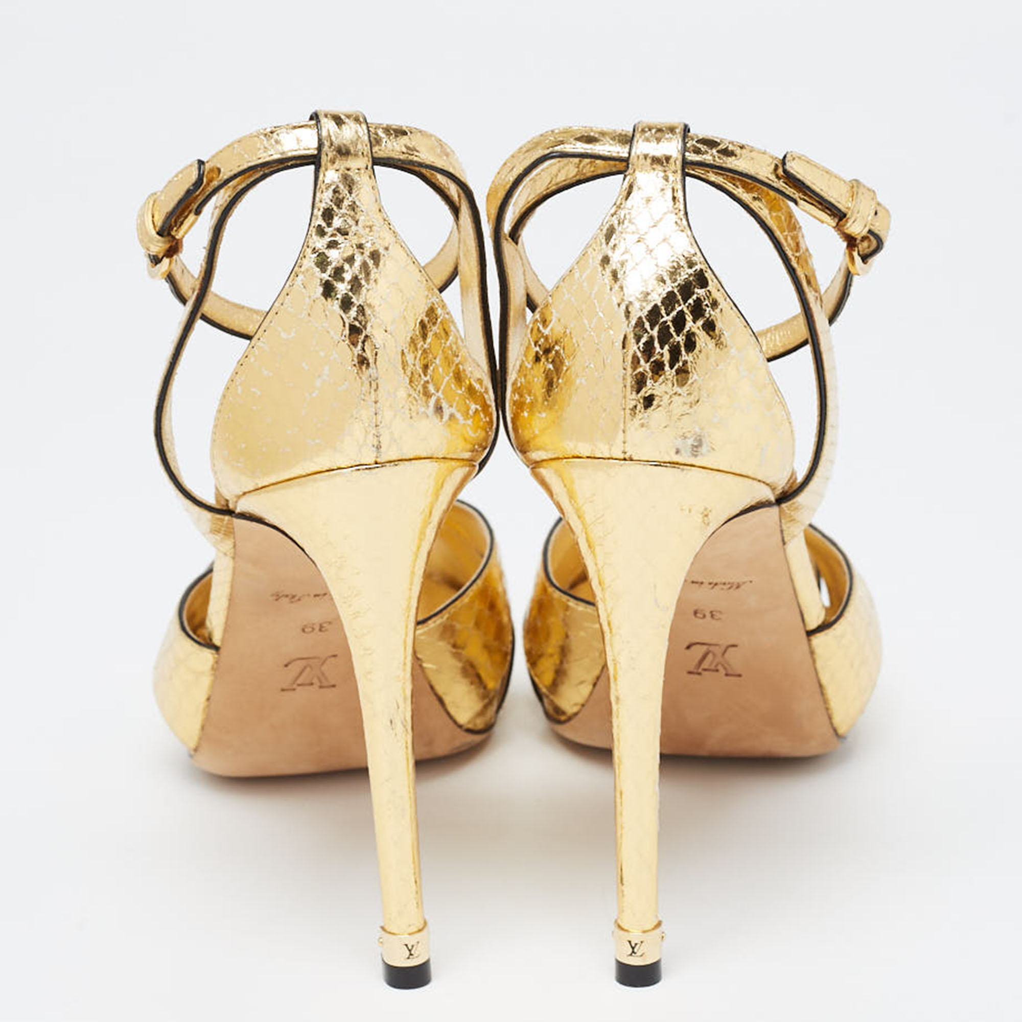 Louis Vuitton Metallic Gold Python Embossed Leather Peep Toe Strappy Sandals Size 39