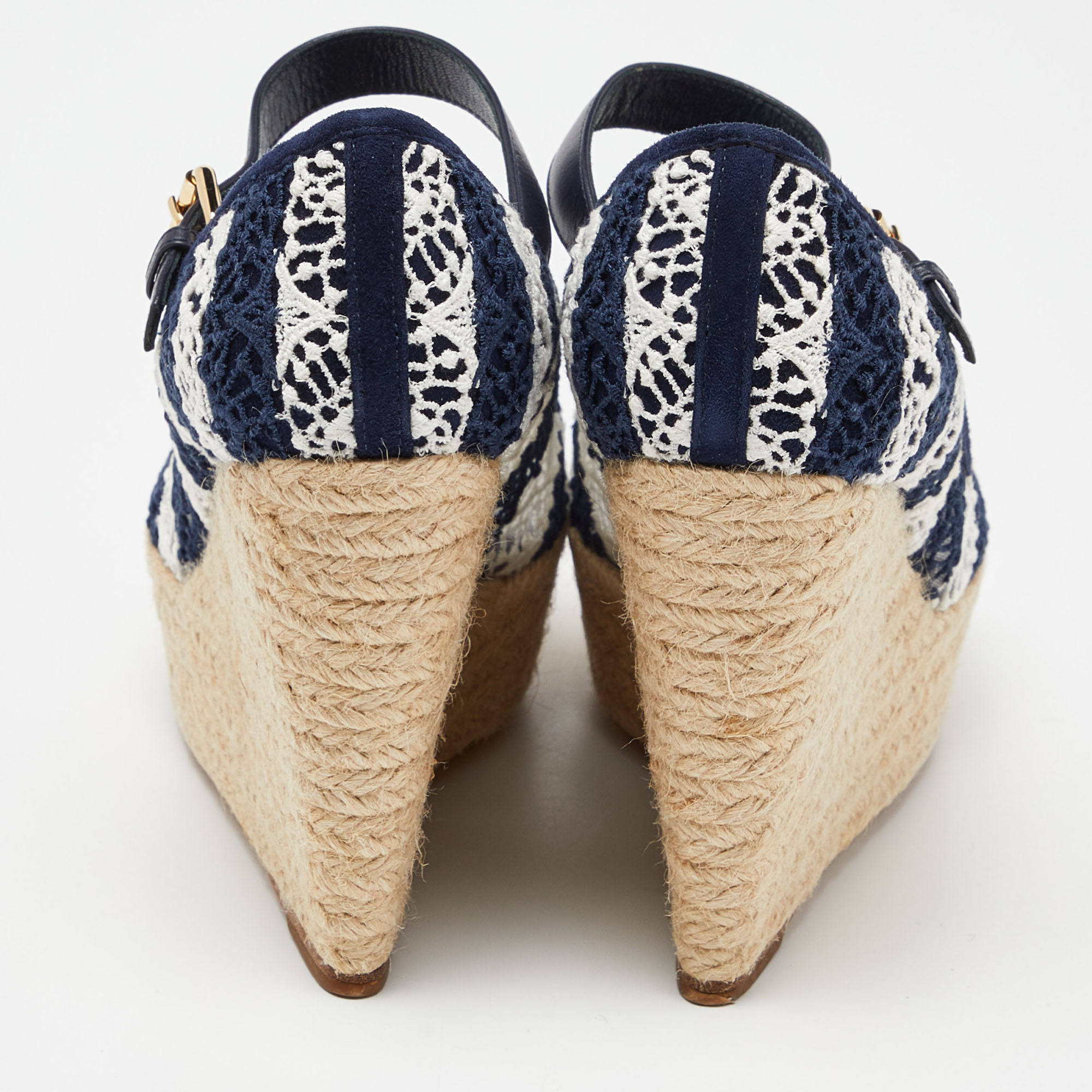 Louis Vuitton Blue/White Fabric, Suede And Mesh Open Toe Wedge Espadrille Sandals Size 38