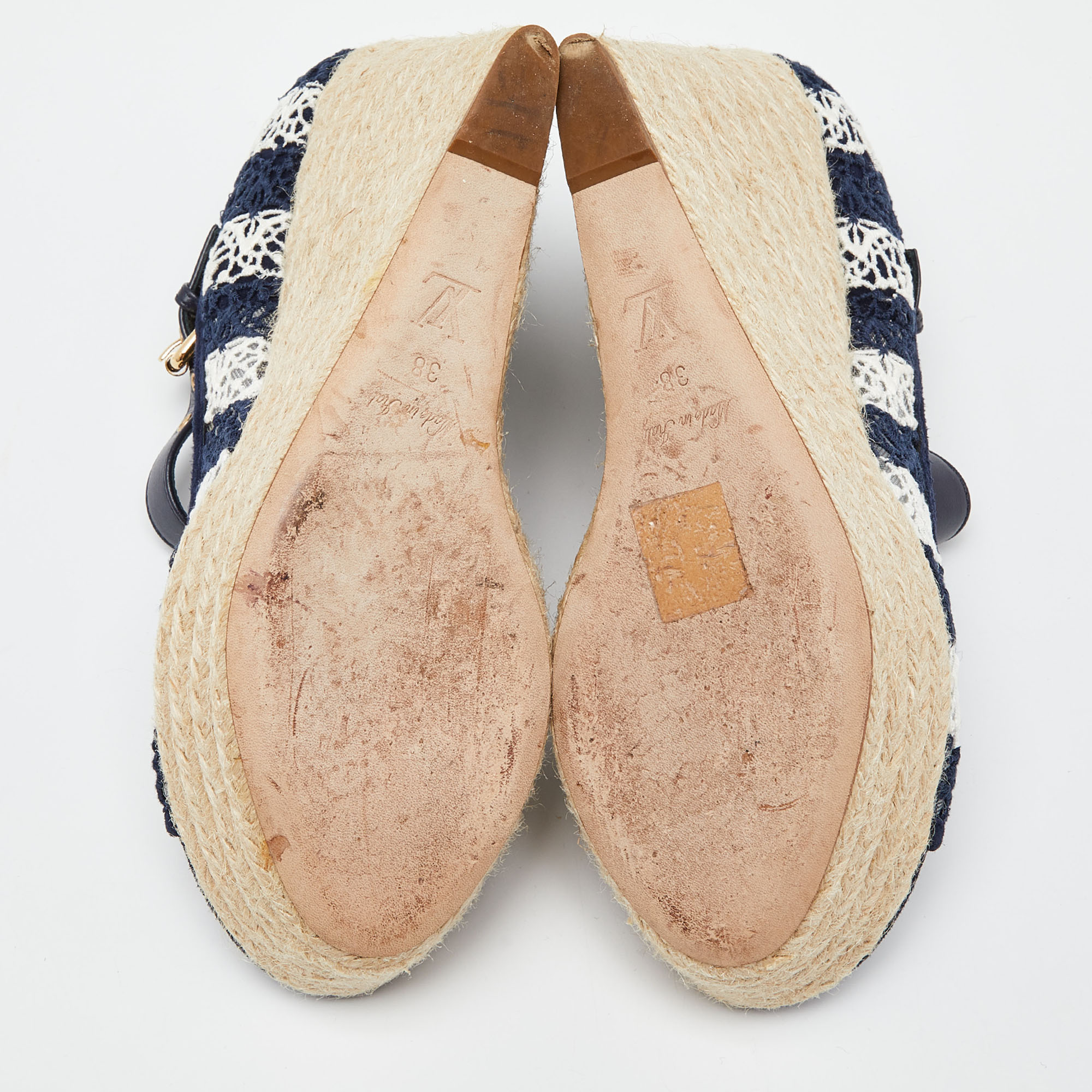 Louis Vuitton Blue/White Fabric, Suede And Mesh Open Toe Wedge Espadrille Sandals Size 38