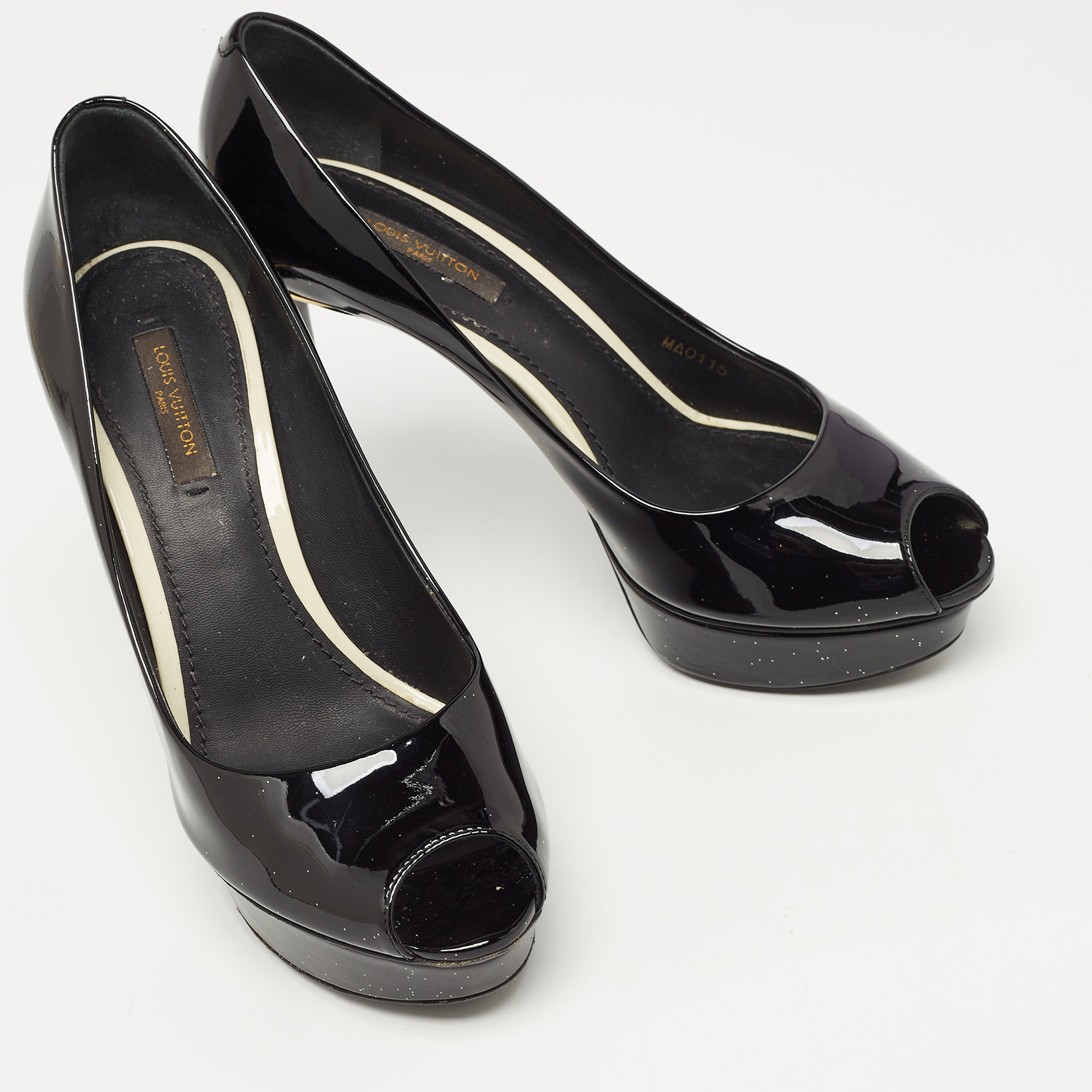 Louis Vuitton Black Patent Leather Peep Toe Platform Pumps Size 37