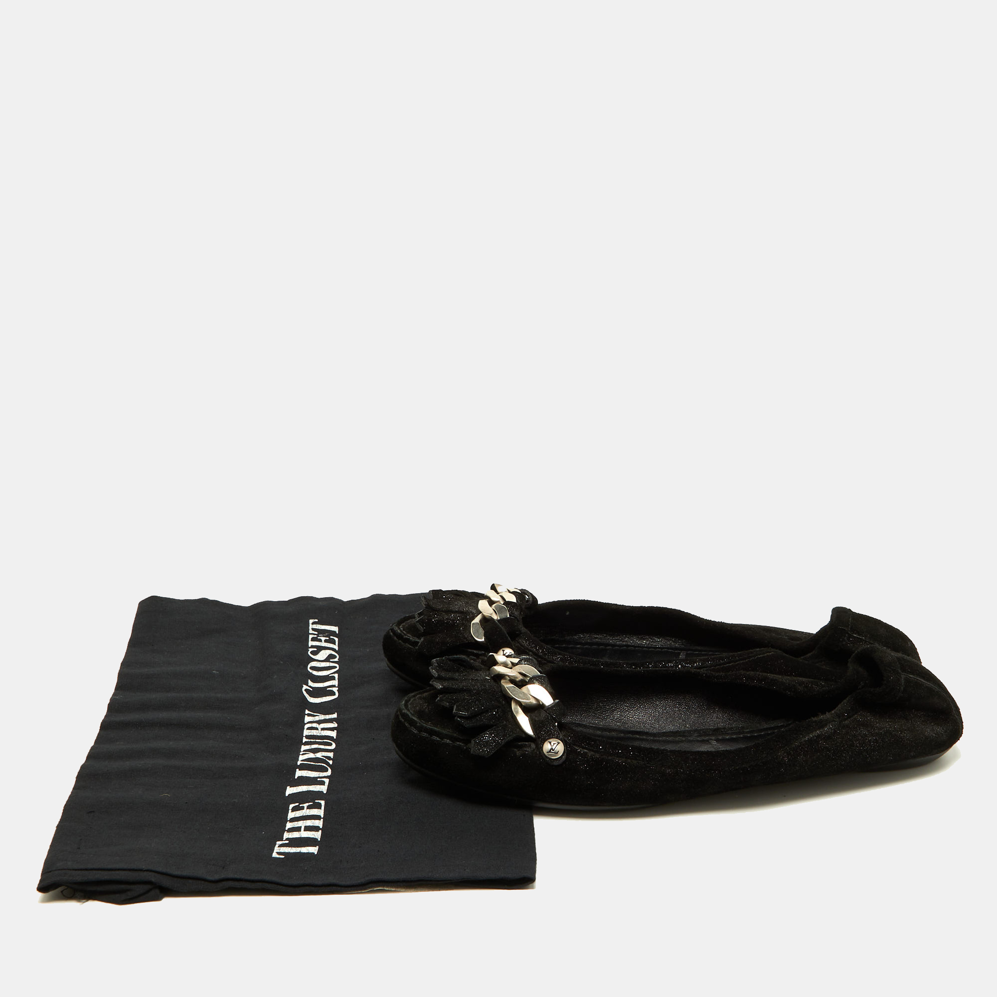 Louis Vuitton Black Glitter Suede Chain Fringe Details Loafers Size 40
