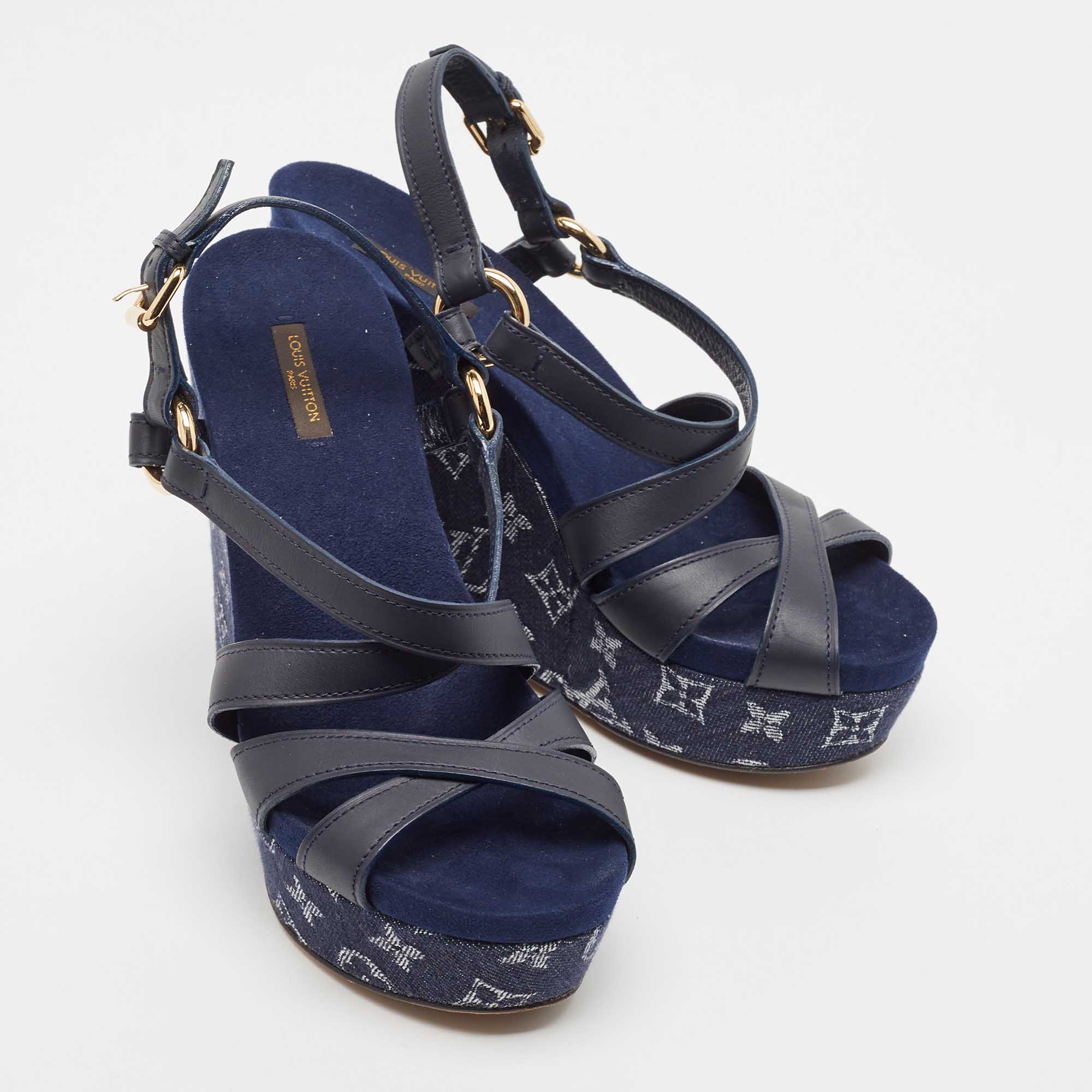 Louis Vuitton Blue Leather And Monogram Denim Wedge Ocean Slingback Sandals Size 40