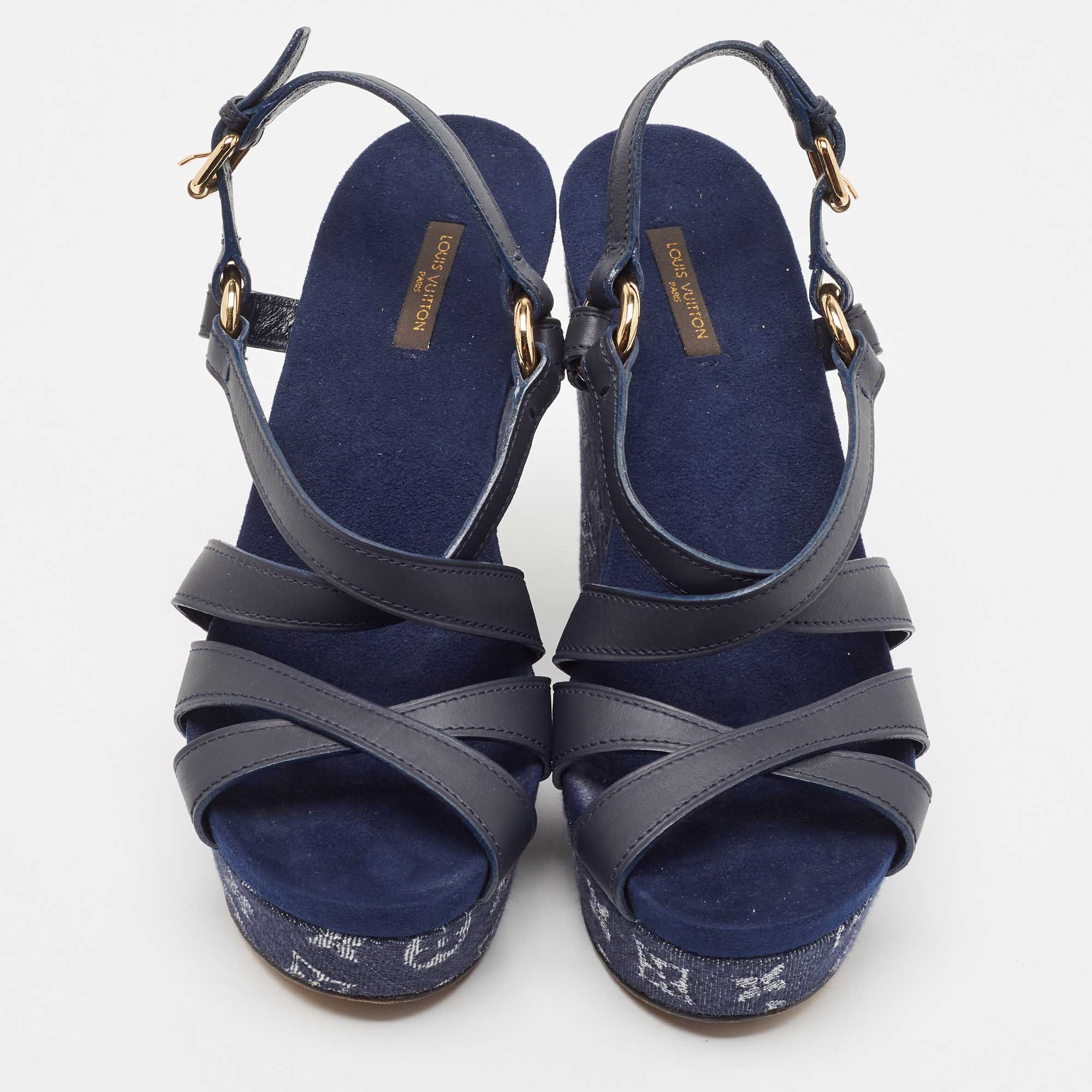 Louis Vuitton Blue Leather And Monogram Denim Wedge Ocean Slingback Sandals Size 40