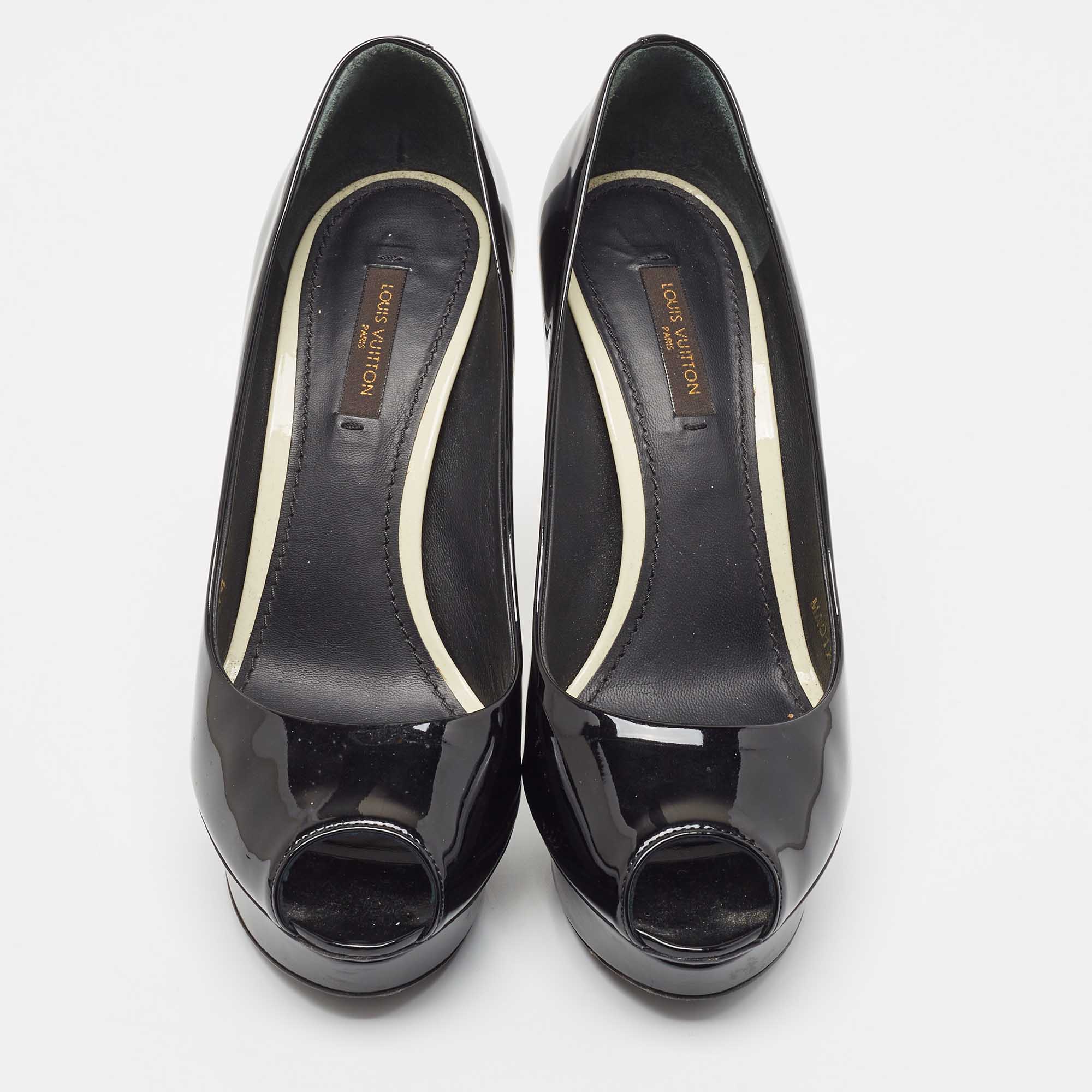 Louis Vuitton Black Patent Leather Peep Toe Platform Pumps Size 36.5