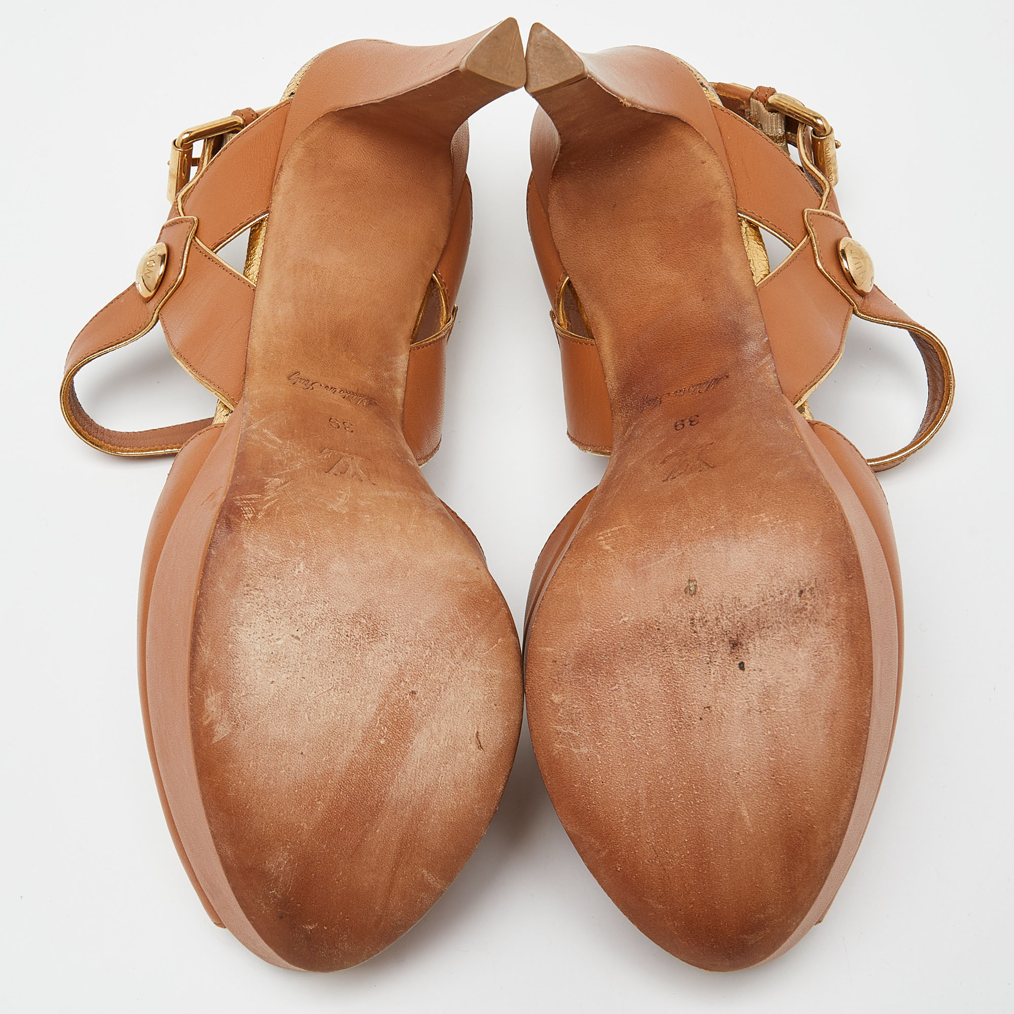 Louis Vuitton Brown Leather Slingback Platform Sandals Size 39