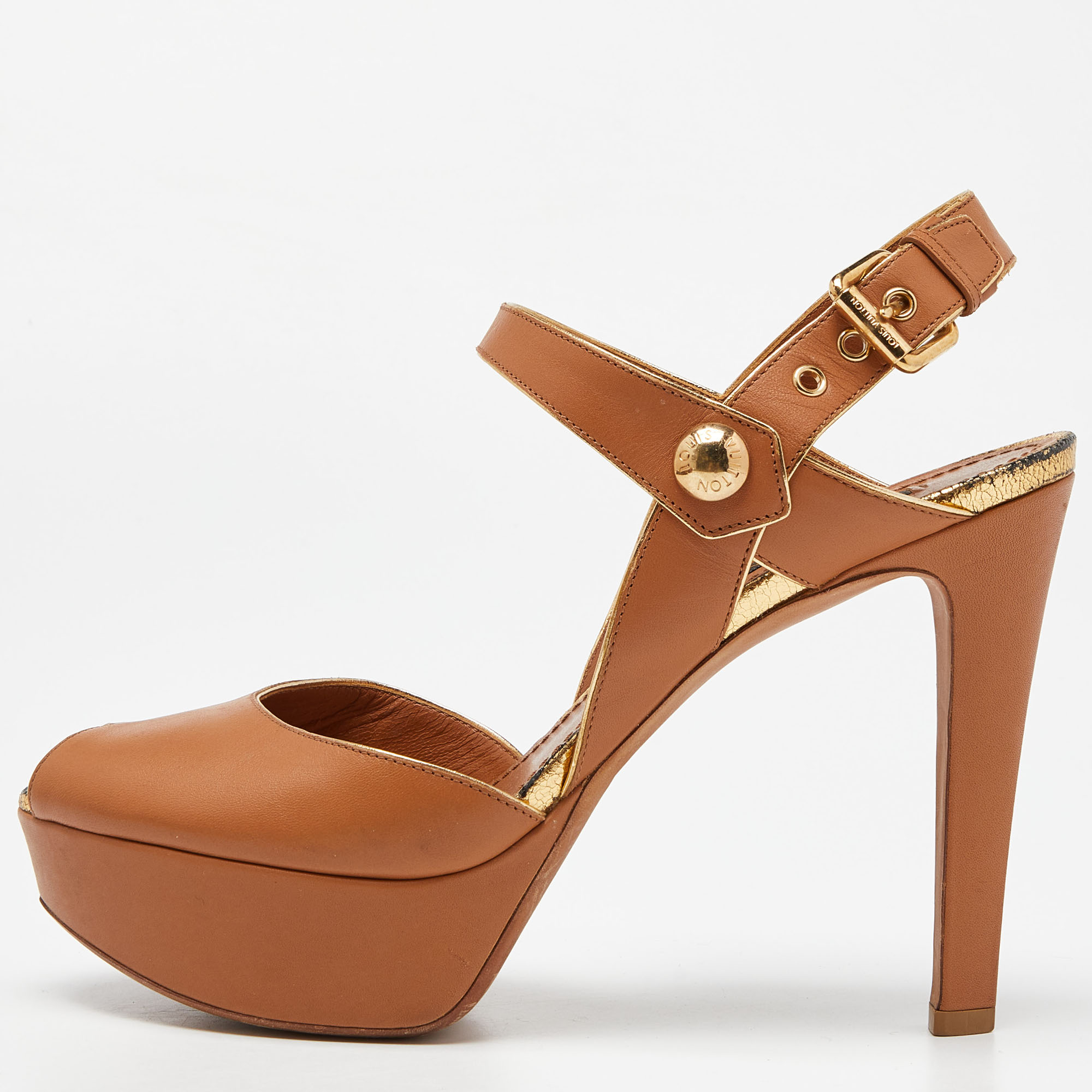 Louis Vuitton Brown Leather Slingback Platform Sandals Size 39