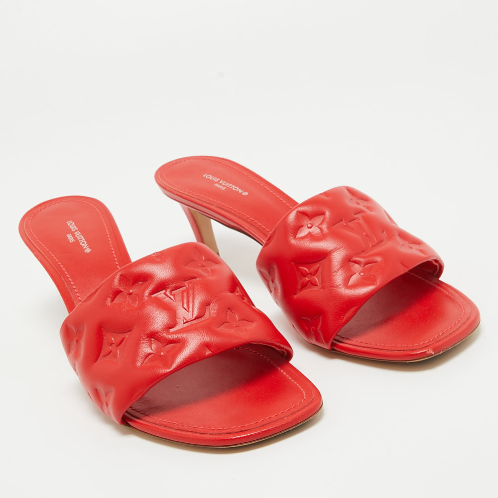 Louis Vuitton Red Monogram Embossed Leather Revival Slide Sandals Size 40