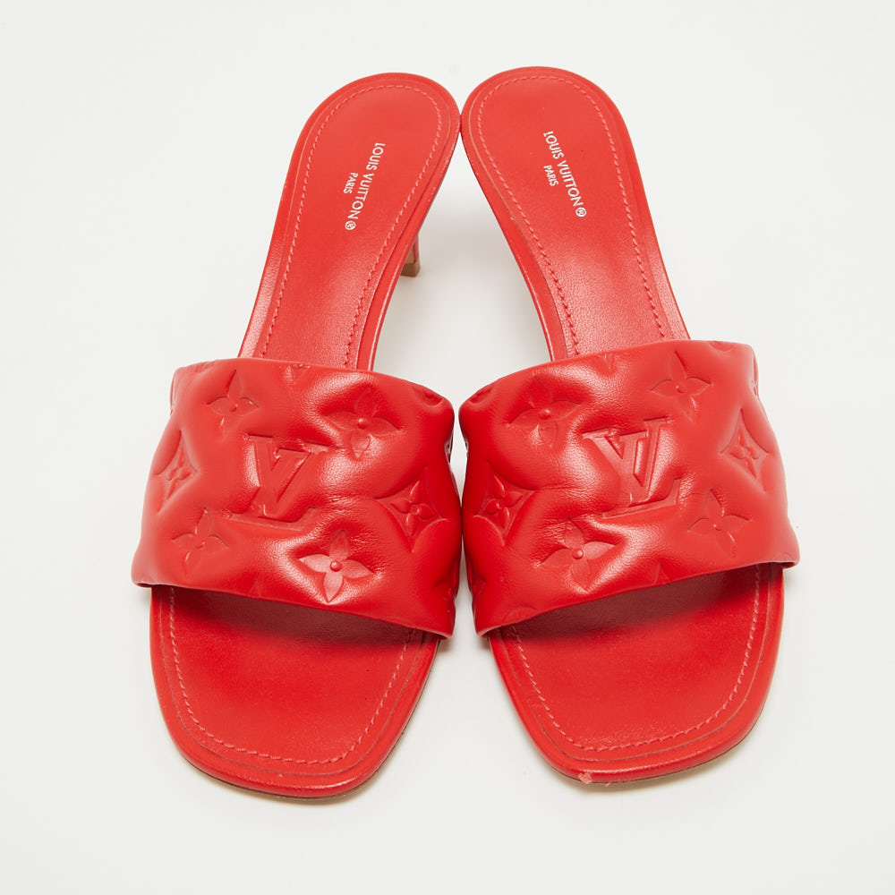 Louis Vuitton Red Monogram Embossed Leather Revival Slide Sandals Size 40
