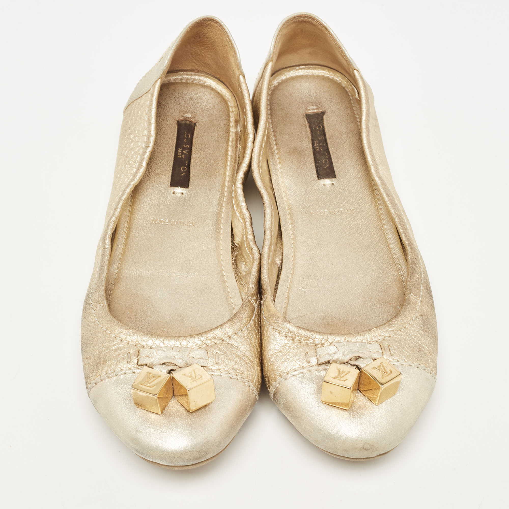 Louis Vuitton Metallic Gold Leather Oxford Ballet Flats Size 38.5