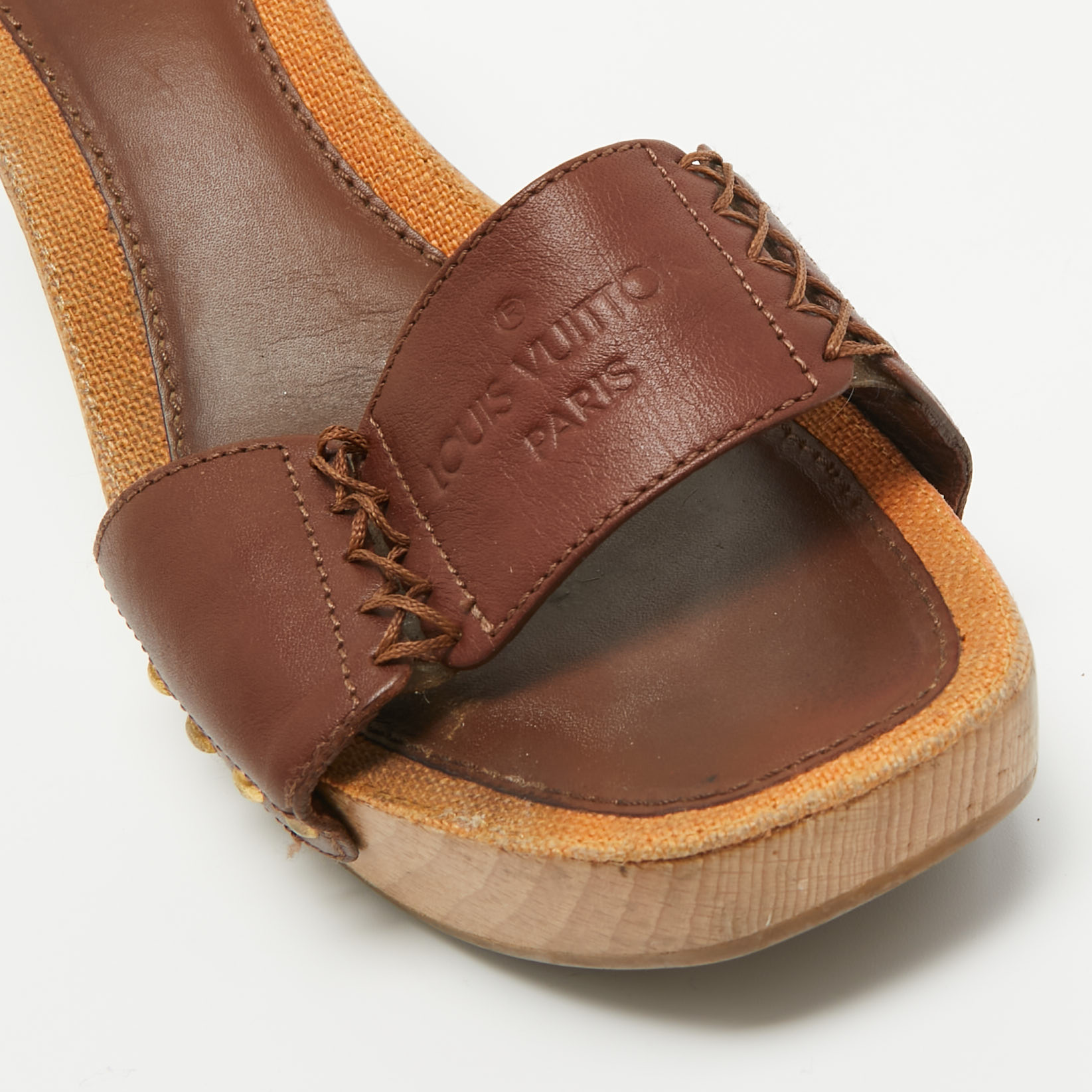 Louis Vuitton Brown Leather Wooden Slide Sandals Size 39
