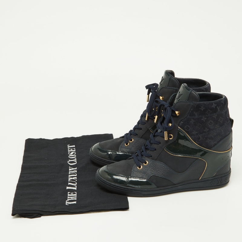 Louis Vuitton Navy Blue Monogram Embossed Suede And Leather Millenium Wedge Sneakers Size 39
