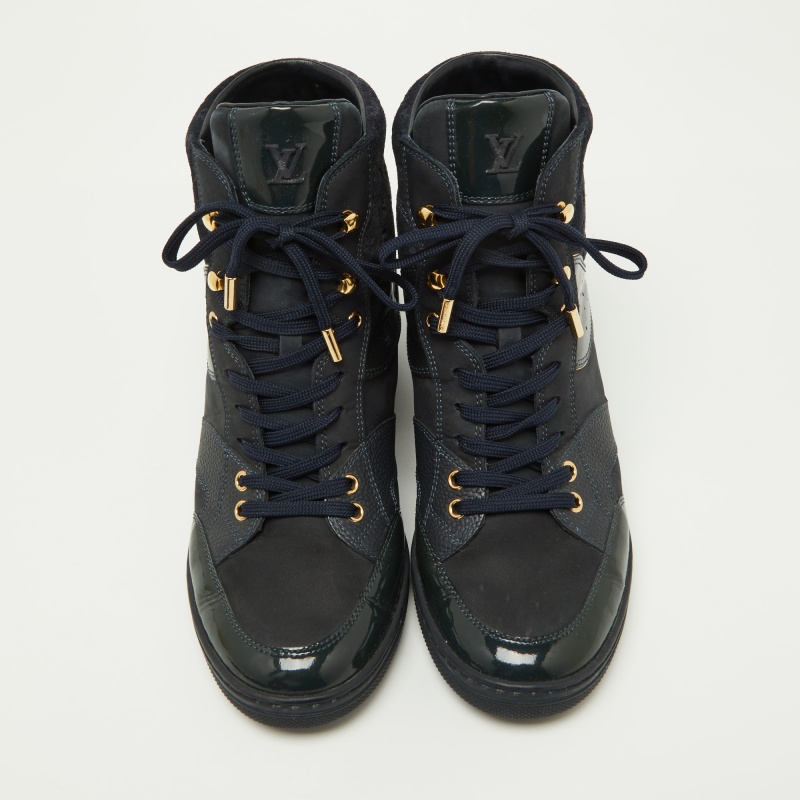 Louis Vuitton Navy Blue Monogram Embossed Suede And Leather Millenium Wedge Sneakers Size 39