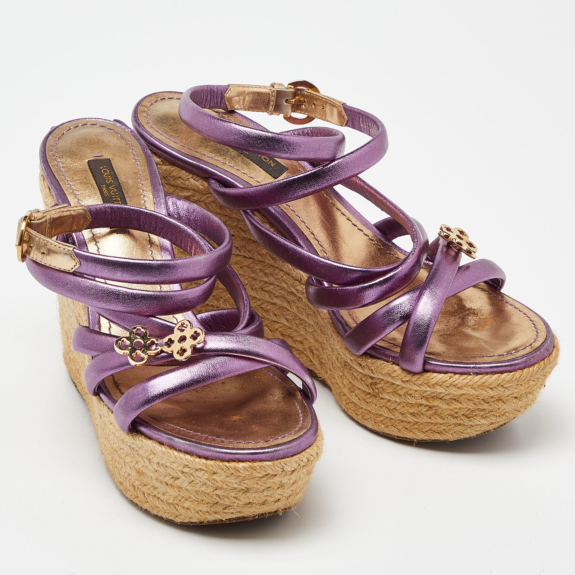 Louis Vuitton Metallic Purple Leather Espadrille Wedge Platform Ankle Strap Sandals Size 36