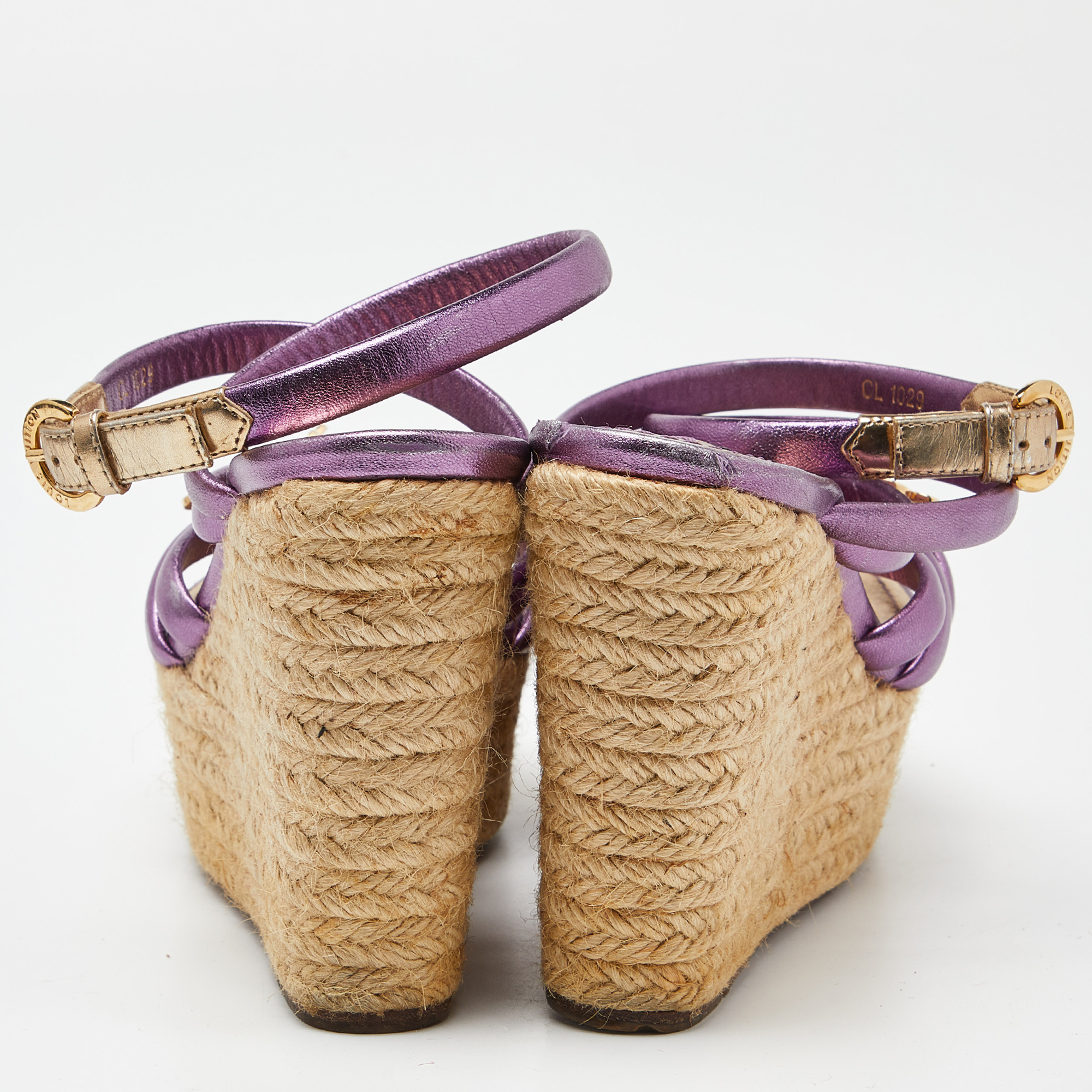 Louis Vuitton Metallic Purple Leather Espadrille Wedge Platform Ankle Strap Sandals Size 36