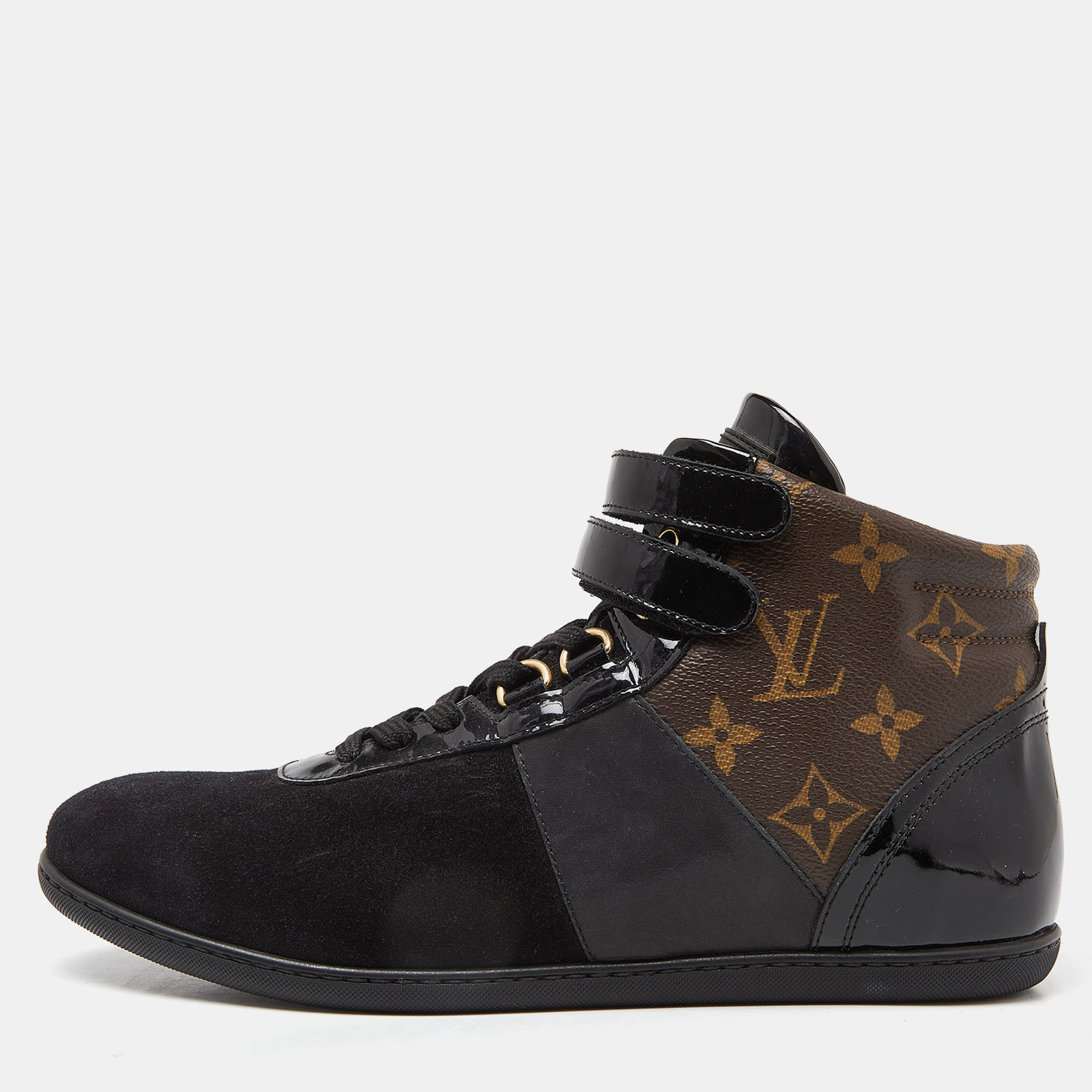 Louis vuitton black/brown suede, patent leather and monogram canvas move up sneakers size 38