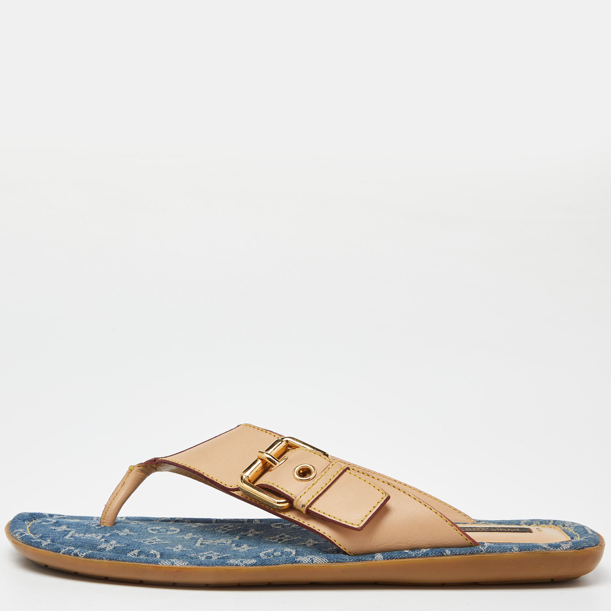Louis vuitton bllue denim/beige monogram thong buckle detail sandals size 37.5