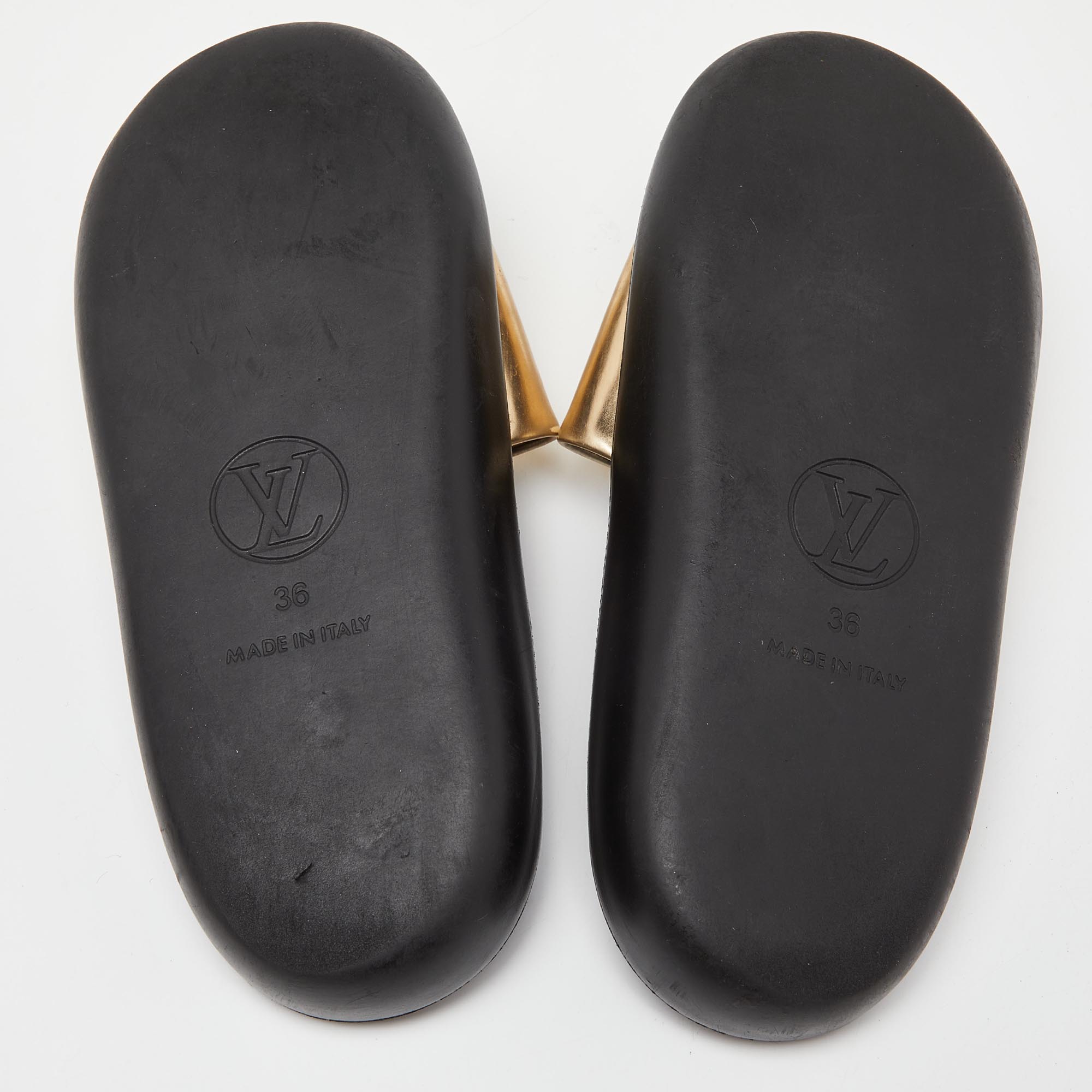 Louis Vuitton Gold Leather Sunbath Flat Slides Size 36