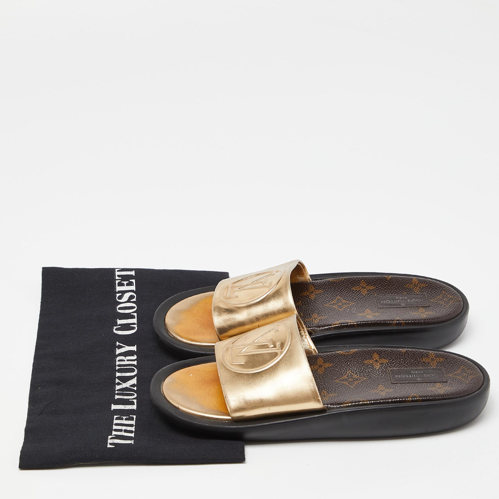 Louis Vuitton Gold Leather Sunbath Flat Slides Size 36