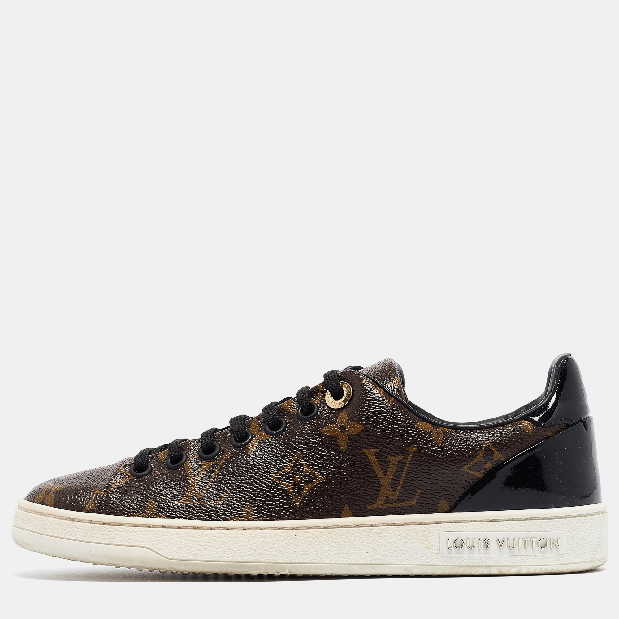 Louis vuitton brown/black monogram canvas and patent frontrow sneakers size 35.5