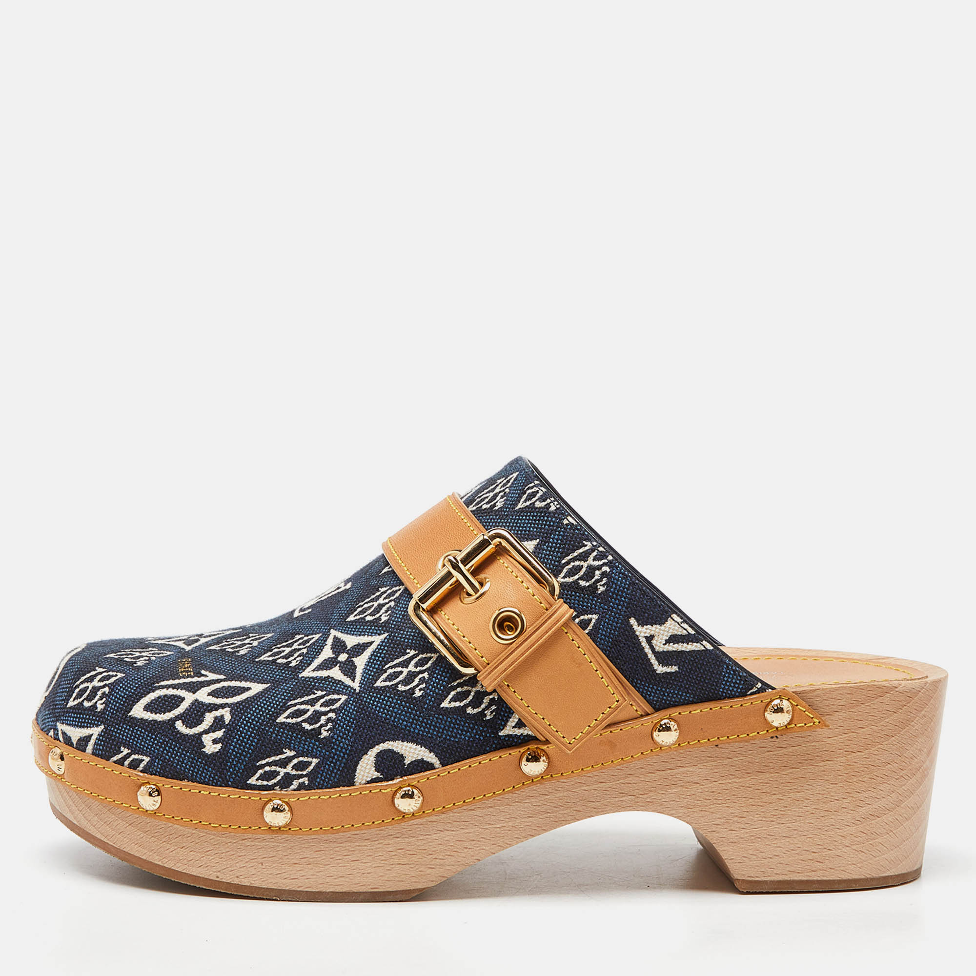 Louis vuitton navy blue/tan printed canvas and leather cottage clog mules size 38