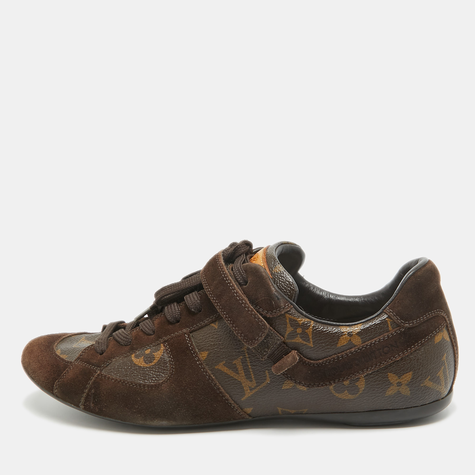 Louis vuitton brown monogram canvas and leather speeding velcro sneakers size 37