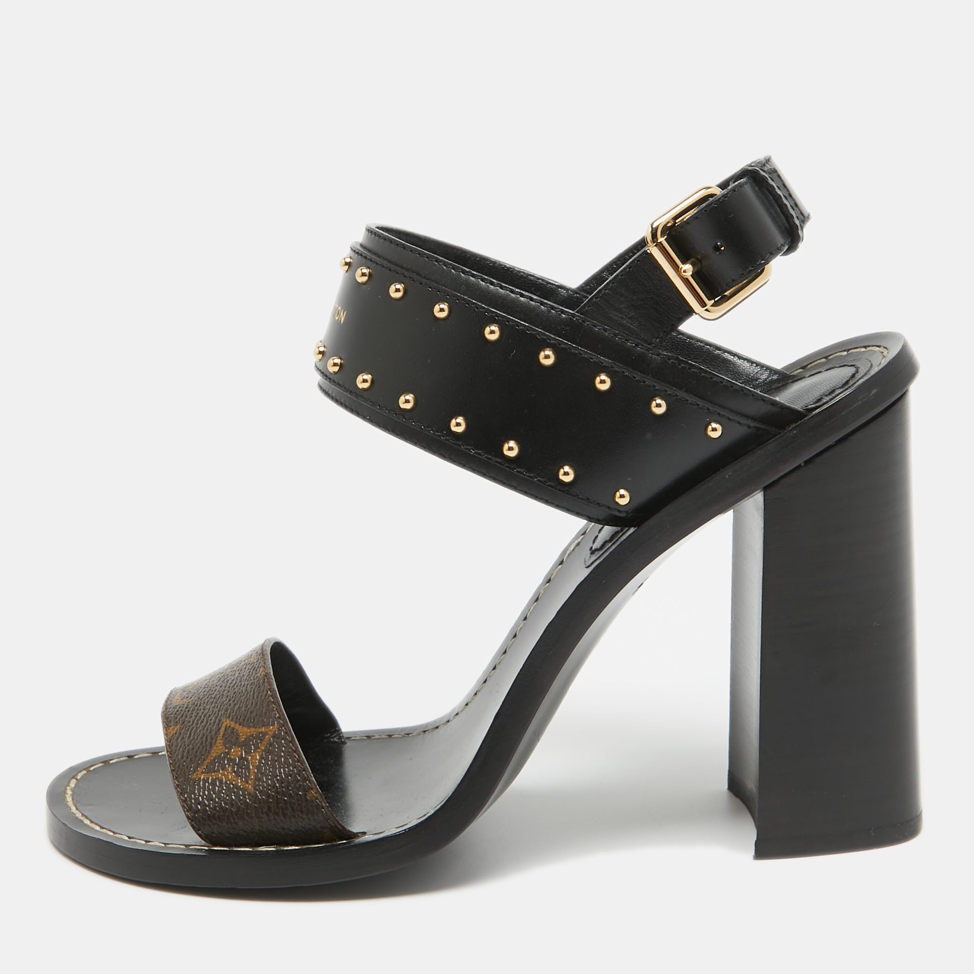 Louis vuitton black/brown monogram canvas and leather nomad ankle strap sandals size 38.5