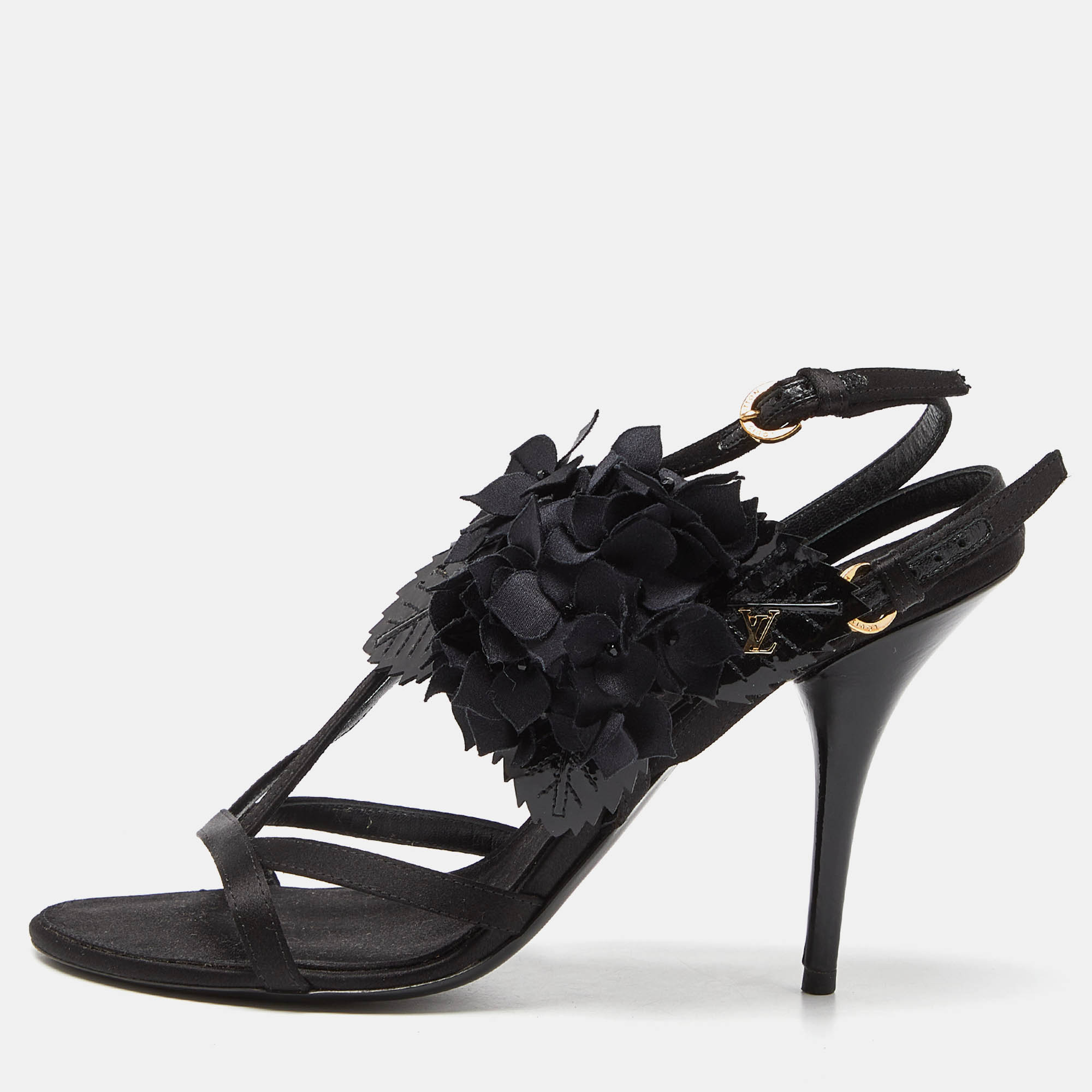 Louis vuitton black satin and patent leather flower embellished ankle strap sandals size 38.5