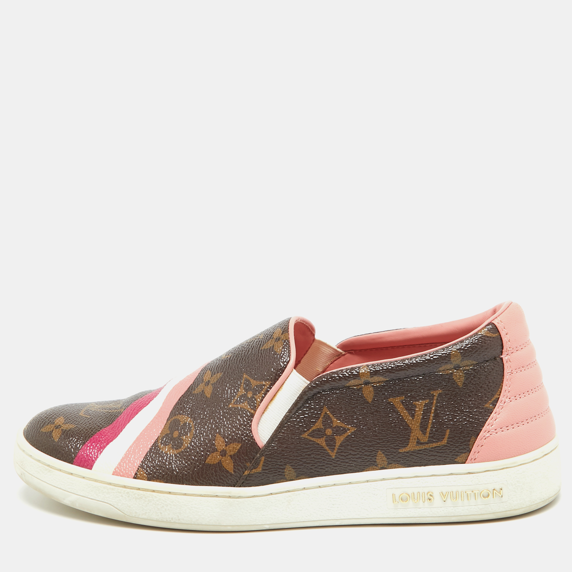 Louis vuitton brown/pink leather and canvas frontrow sneakers size 36.5