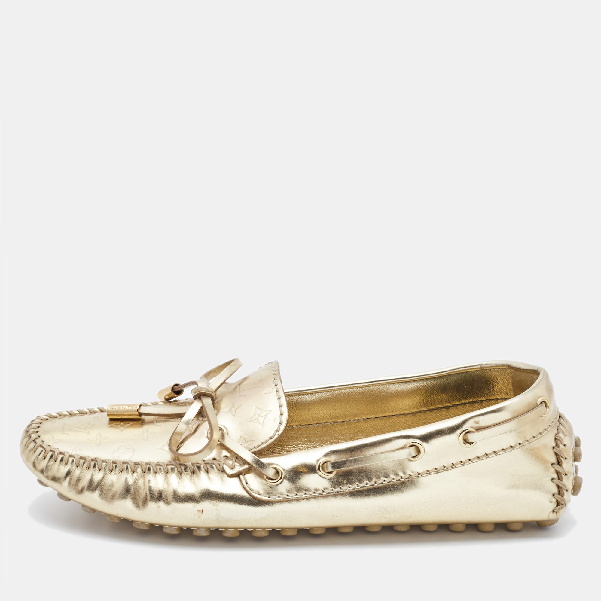 Louis vuitton gold leather gloria  loafers size  35