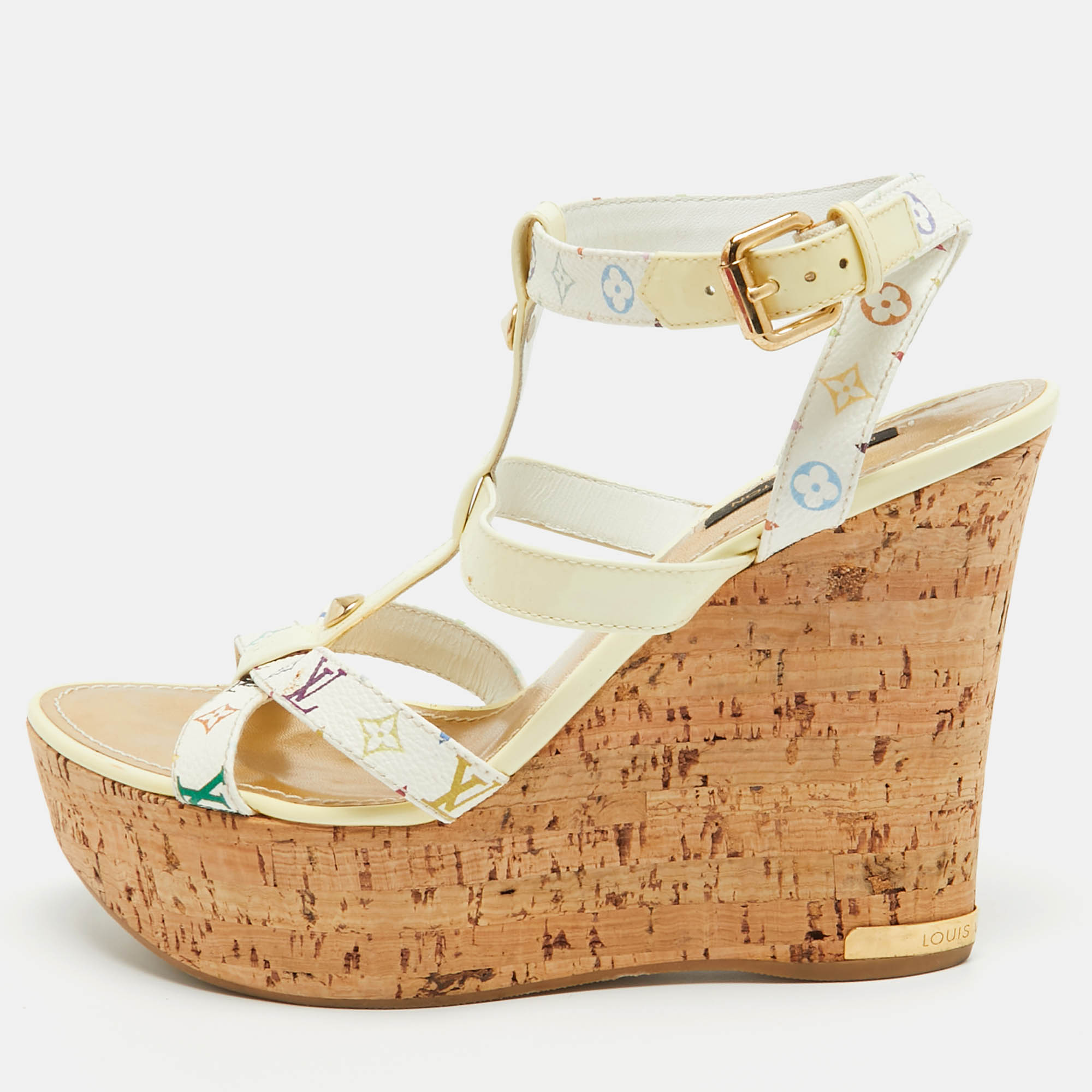 

Louis Vuitton White Monogram Canvas and Patent Leather trappy Cork Wedge Platform Sandals Size